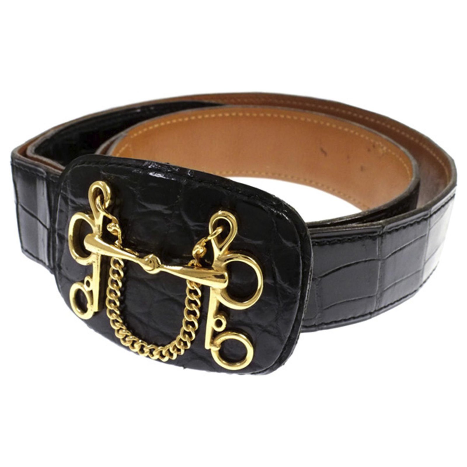 Hermès Hermes Black Crocodile Leather Belt Golden Metal ref.272419 ...