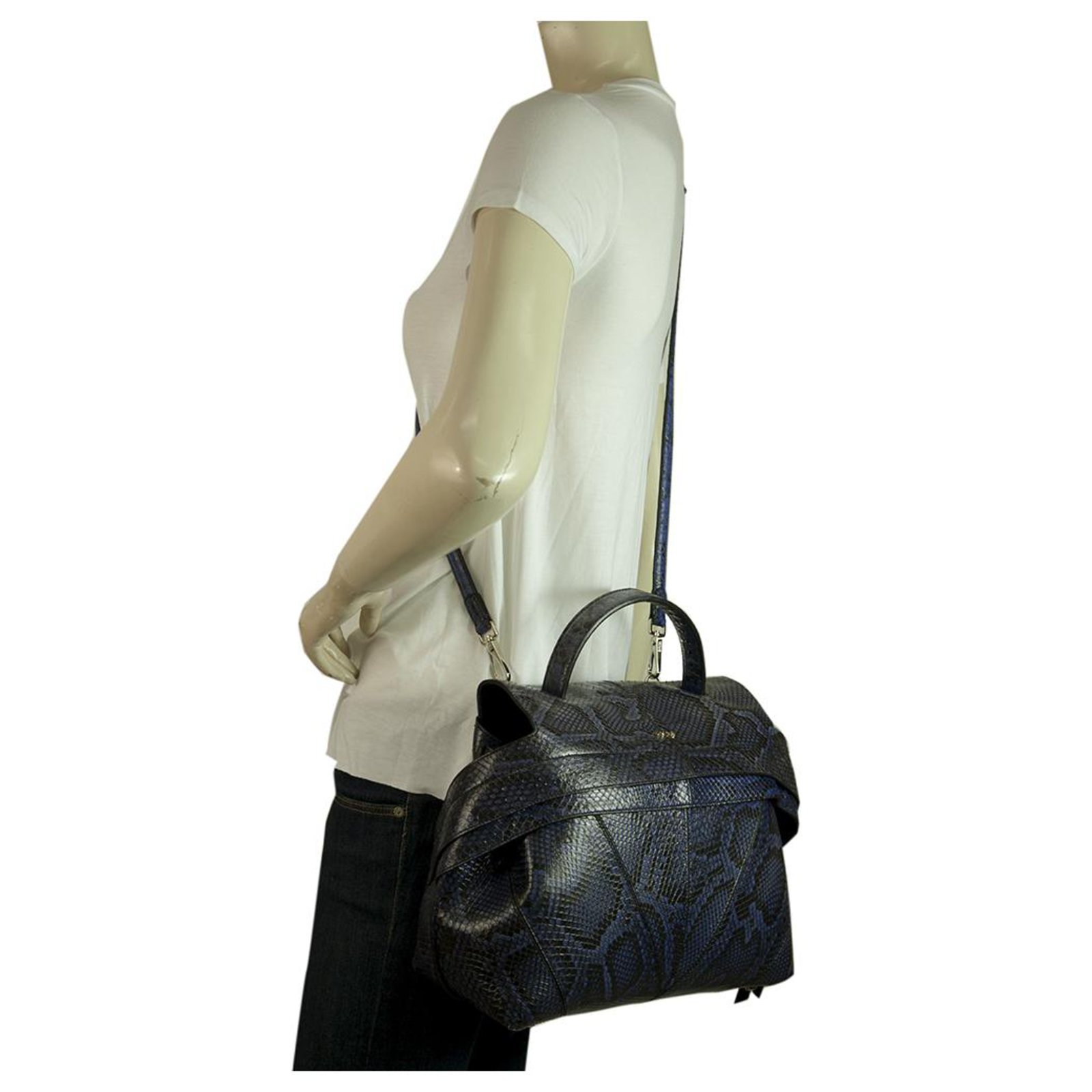 Handbags Tod's Tods Wave Blue Black Snakeskin Large Satchel Top Handle Crossbody Bag