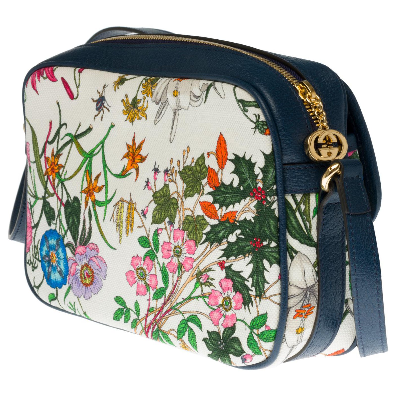 Gucci Navy Blue Leather Multicolor Floral Canvas Small Flora Tote
