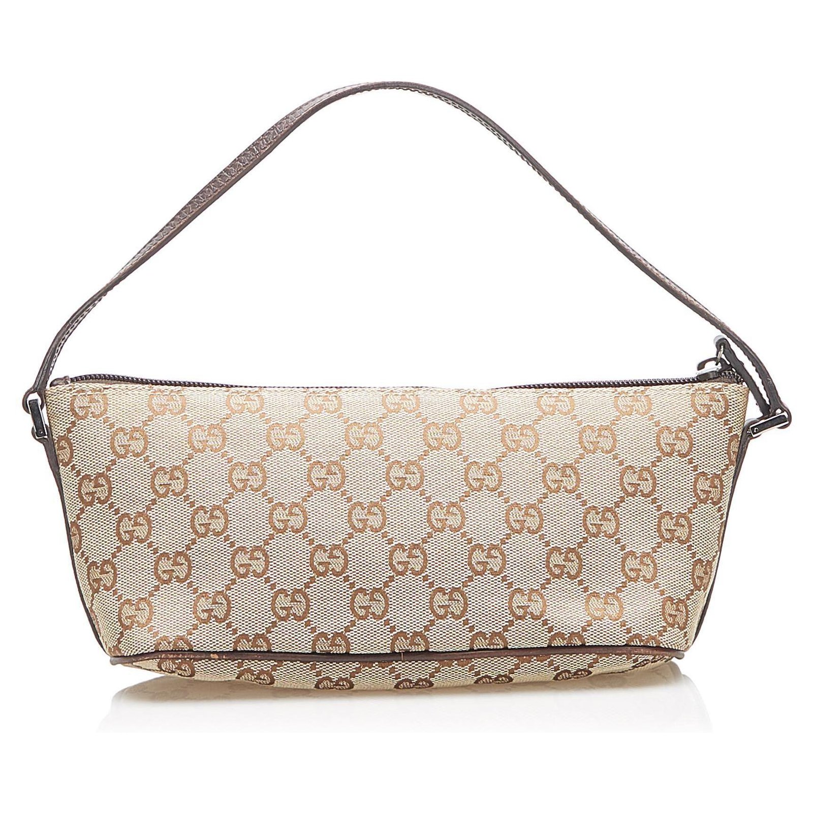 Gucci Brown GG Canvas Boat Baguette Beige Leather Cloth Pony-style calfskin  Cloth ref.274511 - Joli Closet