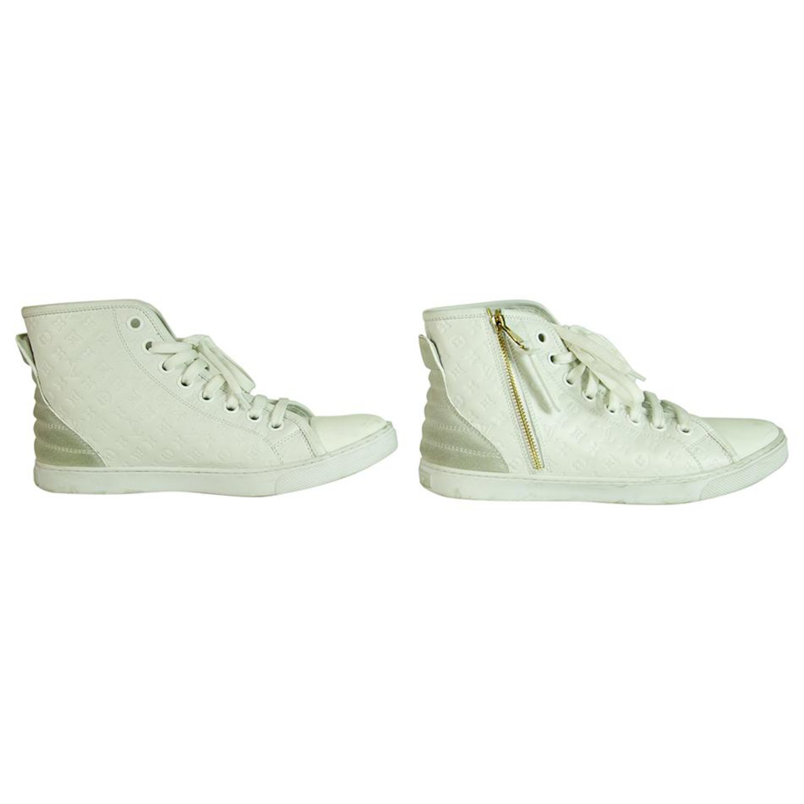 Pre-owned Louis Vuitton Beige Embossed Monogram Suede And Leather Millenium  Wedge Sneakers Size 39