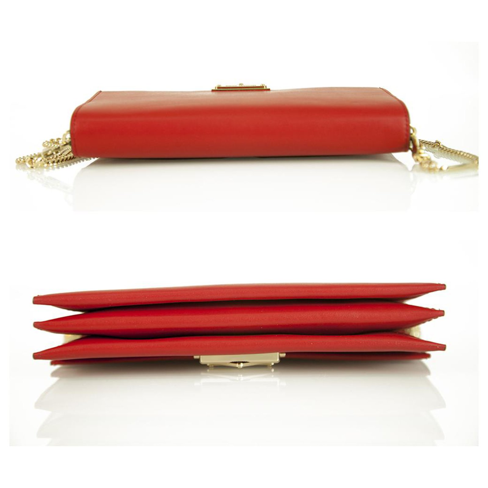 Michael Kors Cece Red Leather Long Gold Chain Clutch Handbag