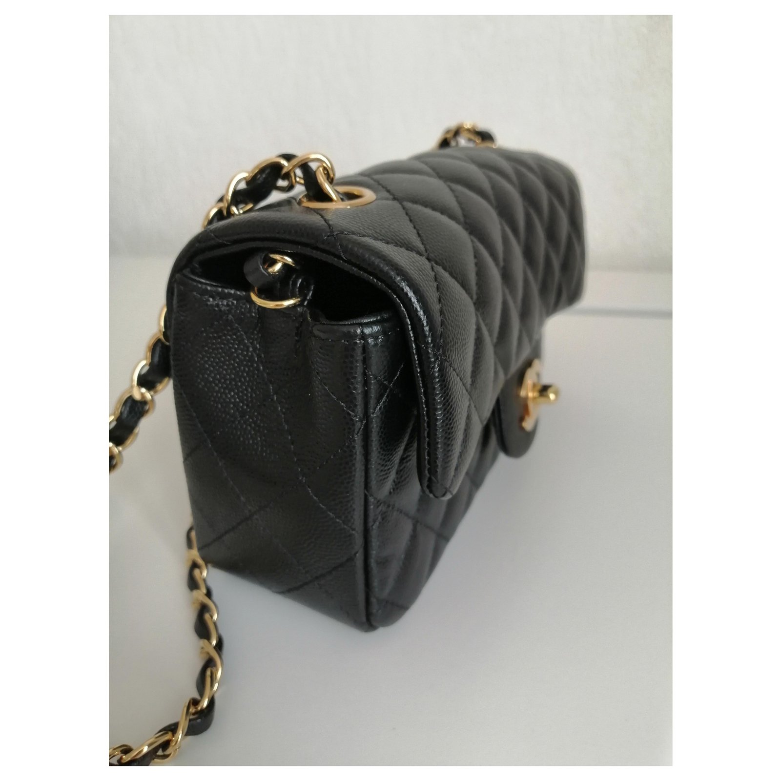 Chanel mini rectangular bag with black flap in caviar calf leather