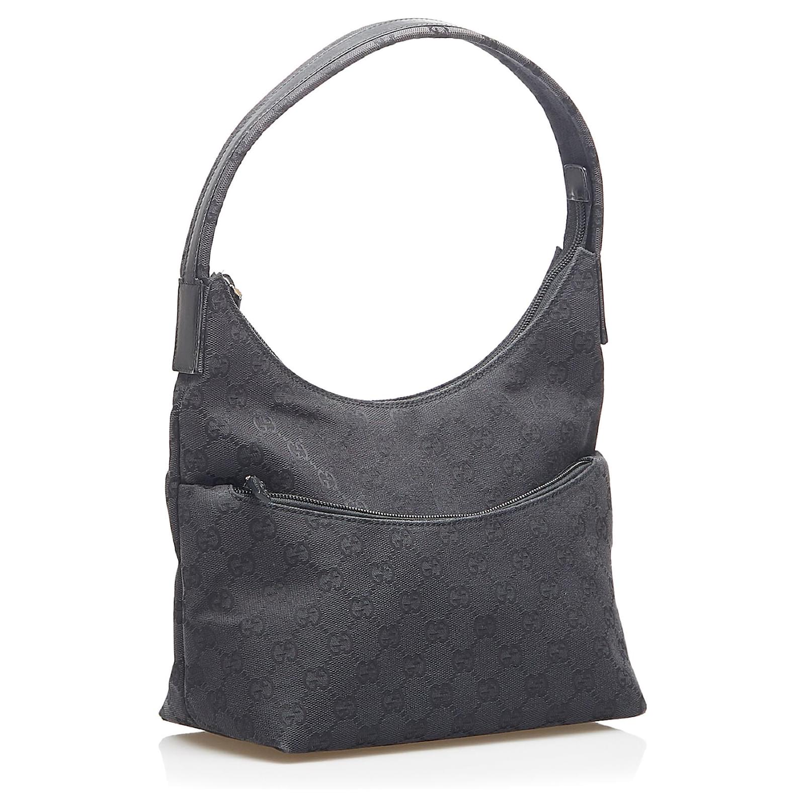 Gucci Black GG Canvas Shoulder Bag Leather Cloth Ponystyle calfskin