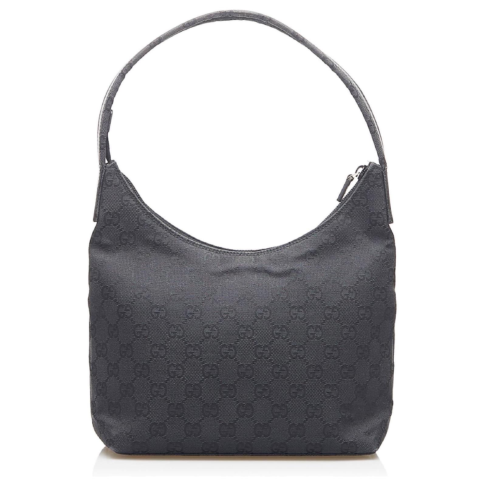 Gucci Black GG Canvas Shoulder Bag Leather Cloth Ponystyle calfskin