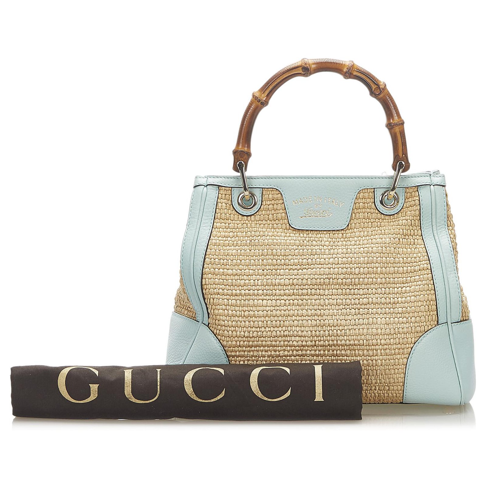 Gucci Brown Bamboo Straw Handbag White Beige Leather Pony-style