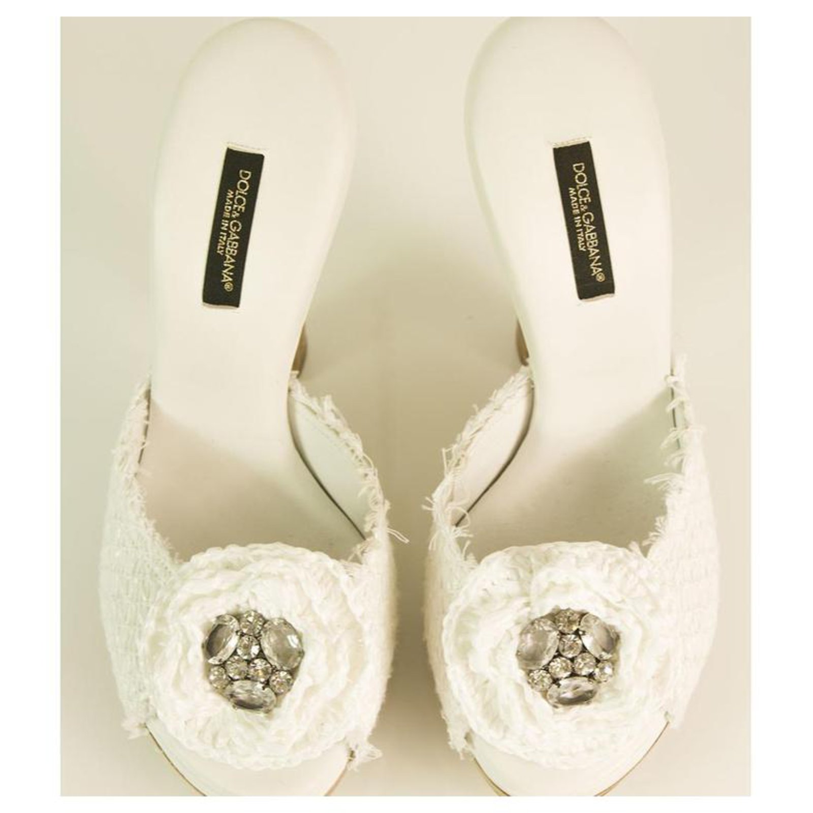 Dolce & Gabbana D&G White Tweed & Crystals Slides Mules Sandals Clogs