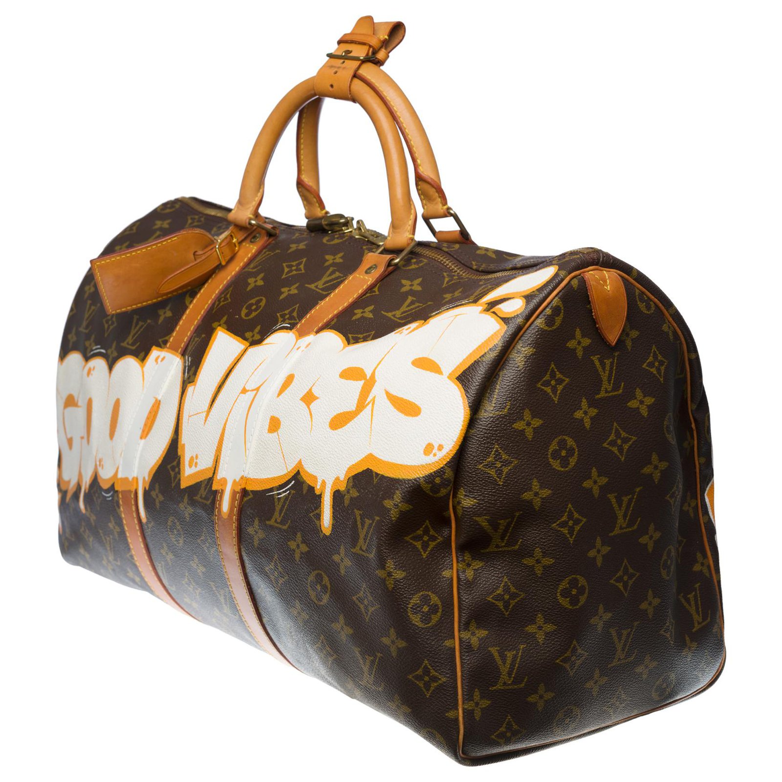 Superb Louis Vuitton Keepall bag 50 in customized Louis Vuitton Good  Vibes monogram canvas Brown Leather Cloth ref.280339 - Joli Closet