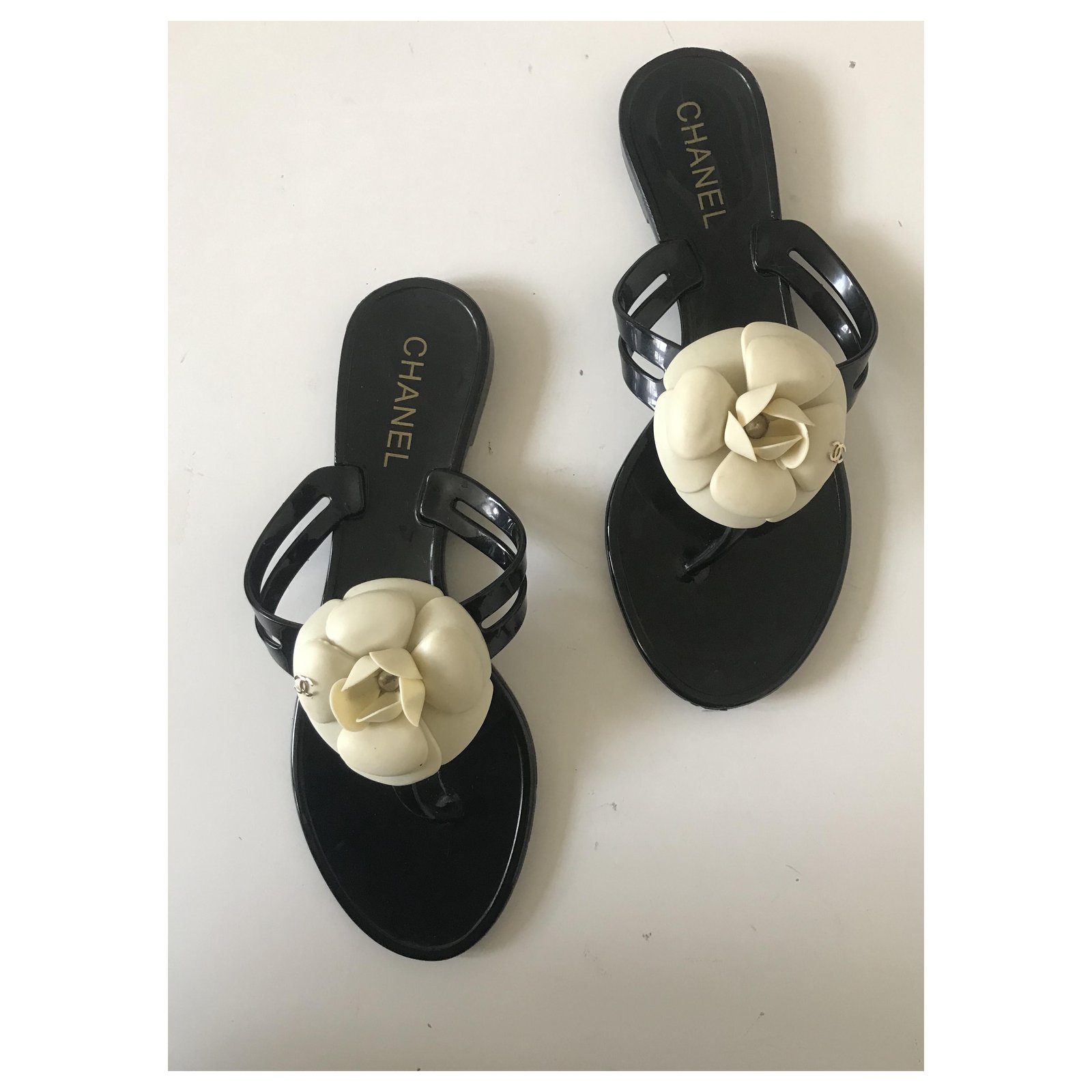Chanel Thong Jelly Camellia Sandals Black Cream Plastic  - Joli  Closet