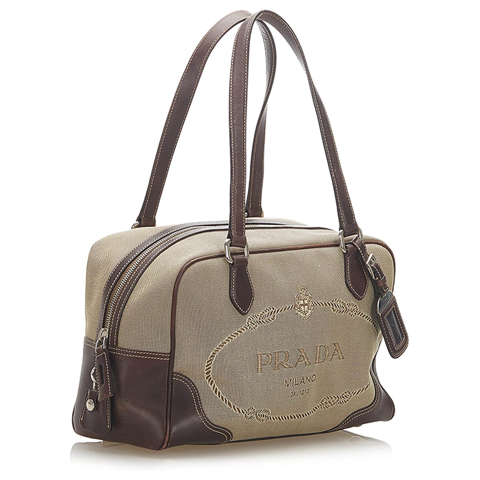 Borsa a mano marrone con logo Canapa di Prada Beige Pelle Tela Vitello  simile a un vitello Panno ref.945478 - Joli Closet