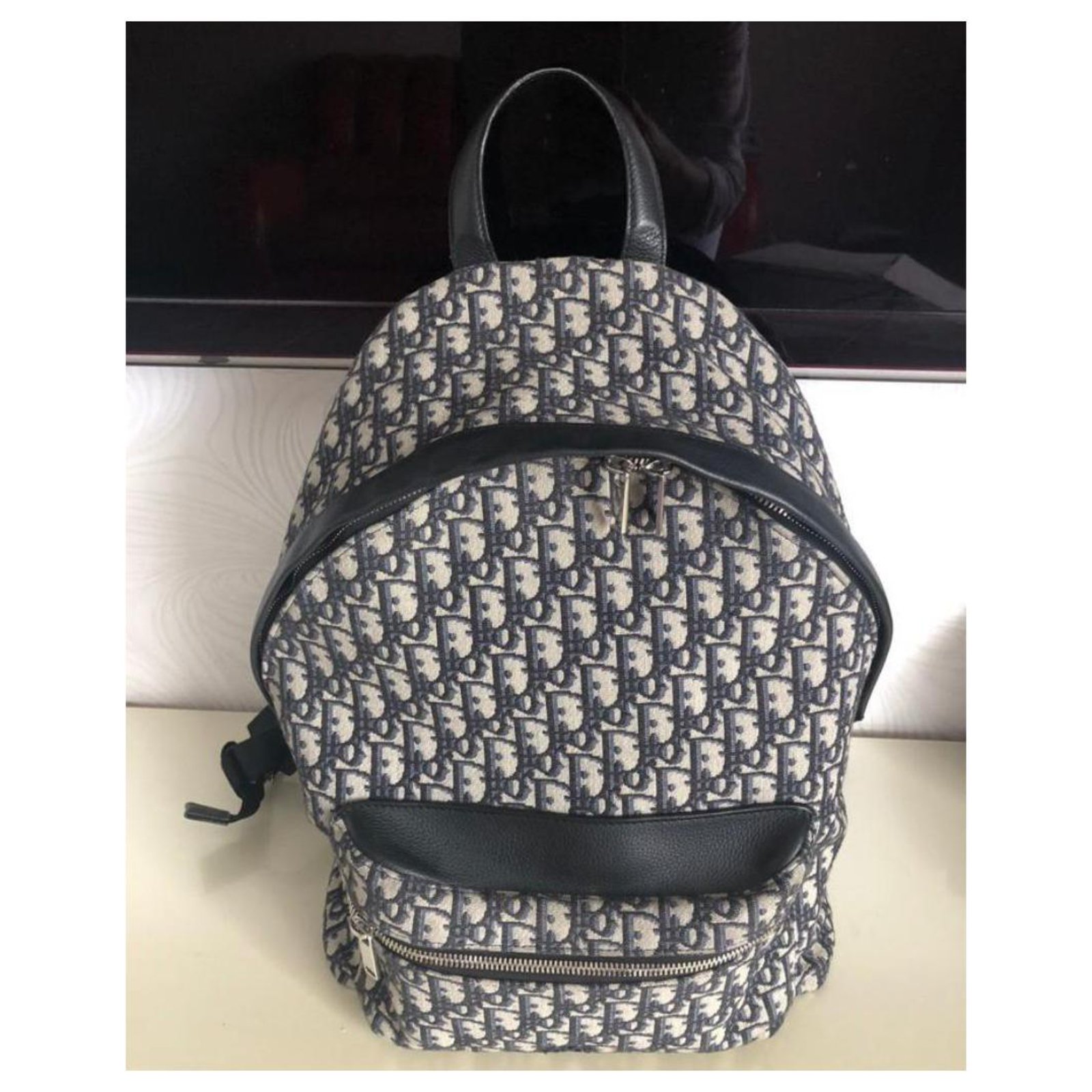 Dior Backpack Oblique Black Beige Dark blue Silver hardware Cloth ref