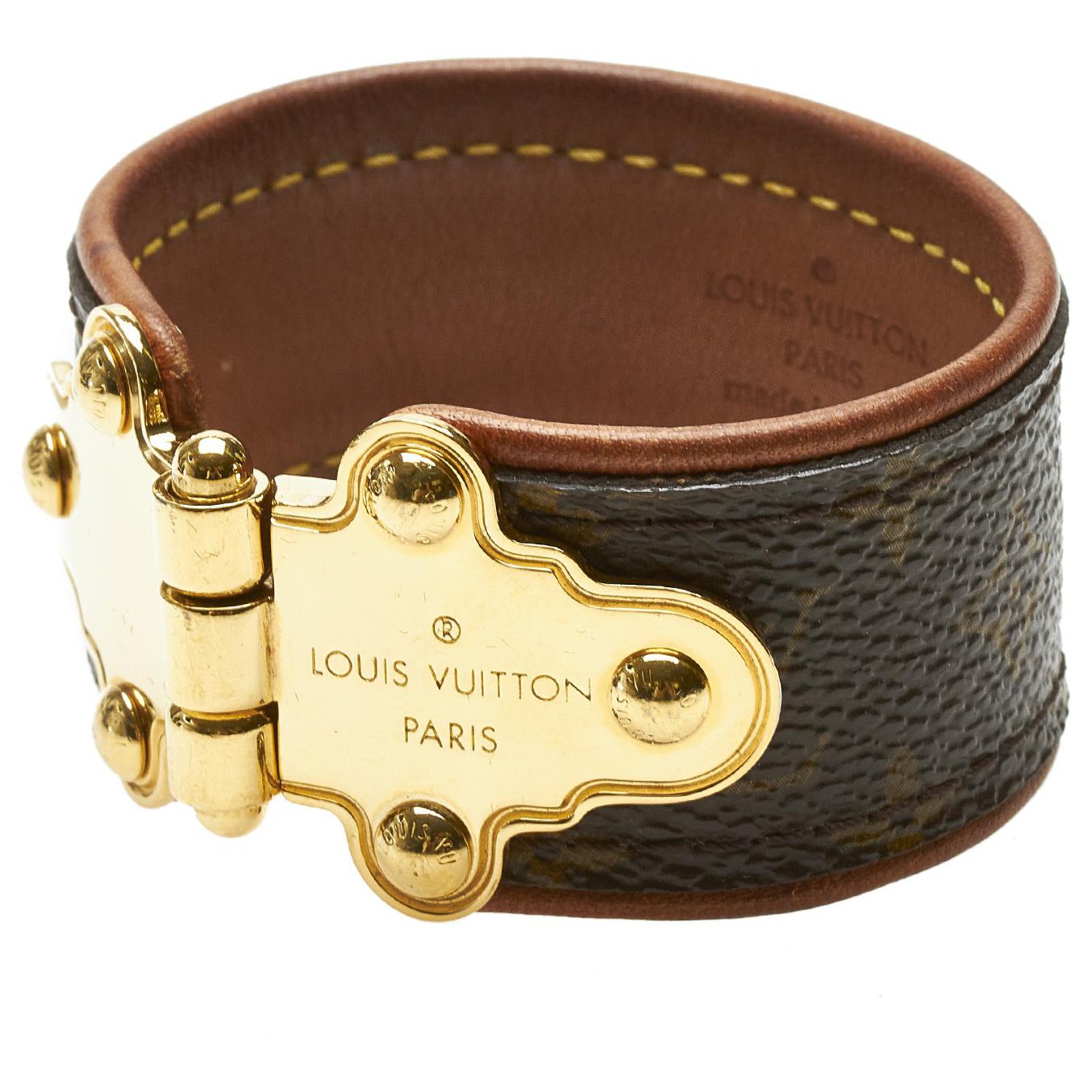 Louis Vuitton Brown Monogram Save It Cuff Bracelet Leather Cloth ref.291046  - Joli Closet