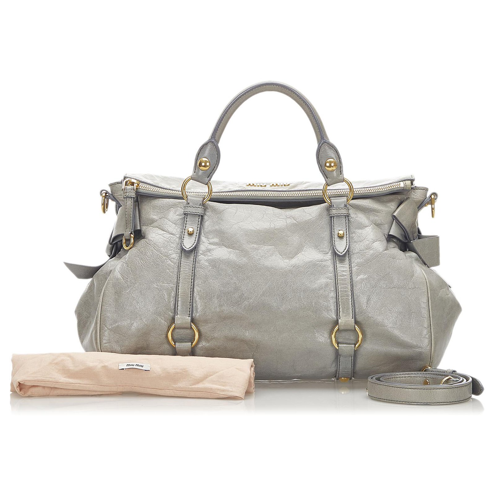 Miu Miu Gray Vitello Lux Bow Satchel Grey Leather Pony-style calfskin  ref.229380 - Joli Closet