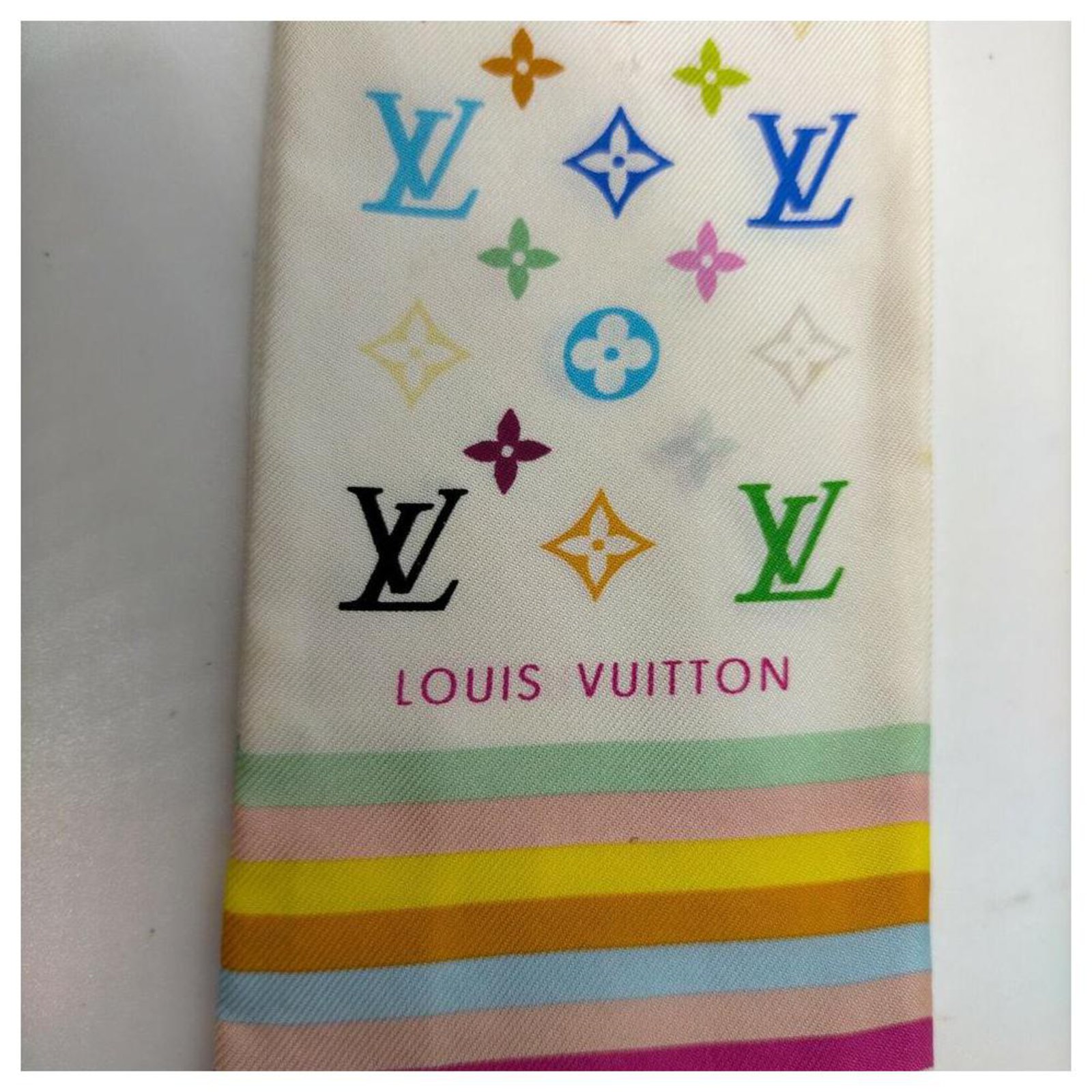 Louis Vuitton - White Silk Multicolor Monogram Bandeau Twilly Scarf