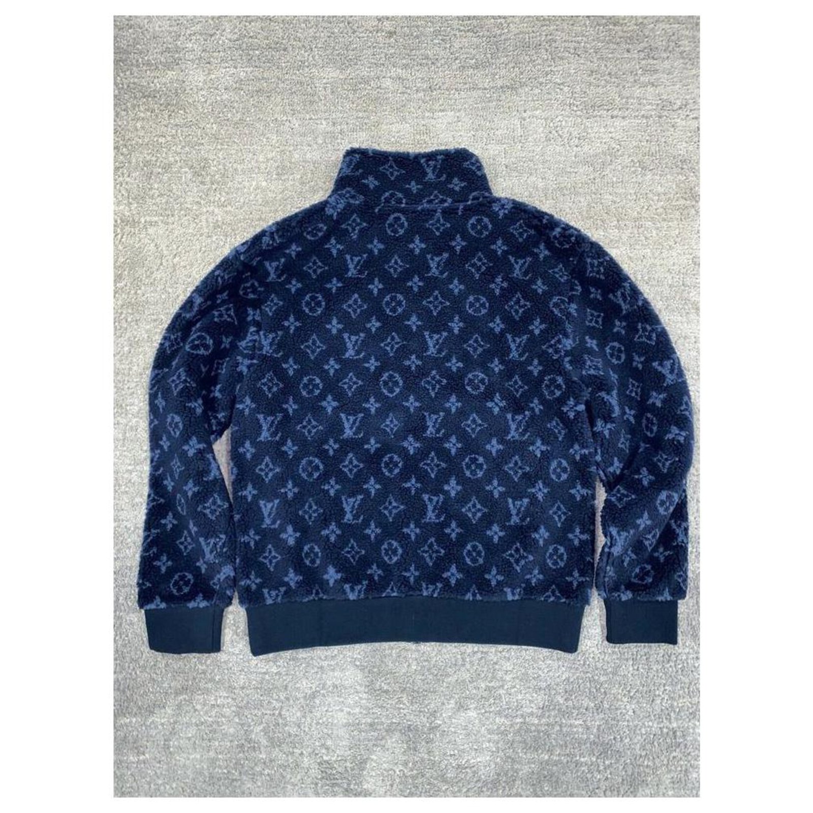 Louis Vuitton Blue Nuit Mens XL Jacquard Monogram Fleece Zip Teddy