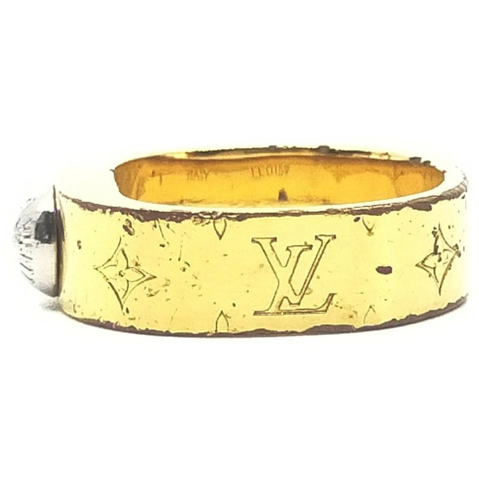 Louis Vuitton Gold Tone Monogram LV Nanogram Ring S Golden White