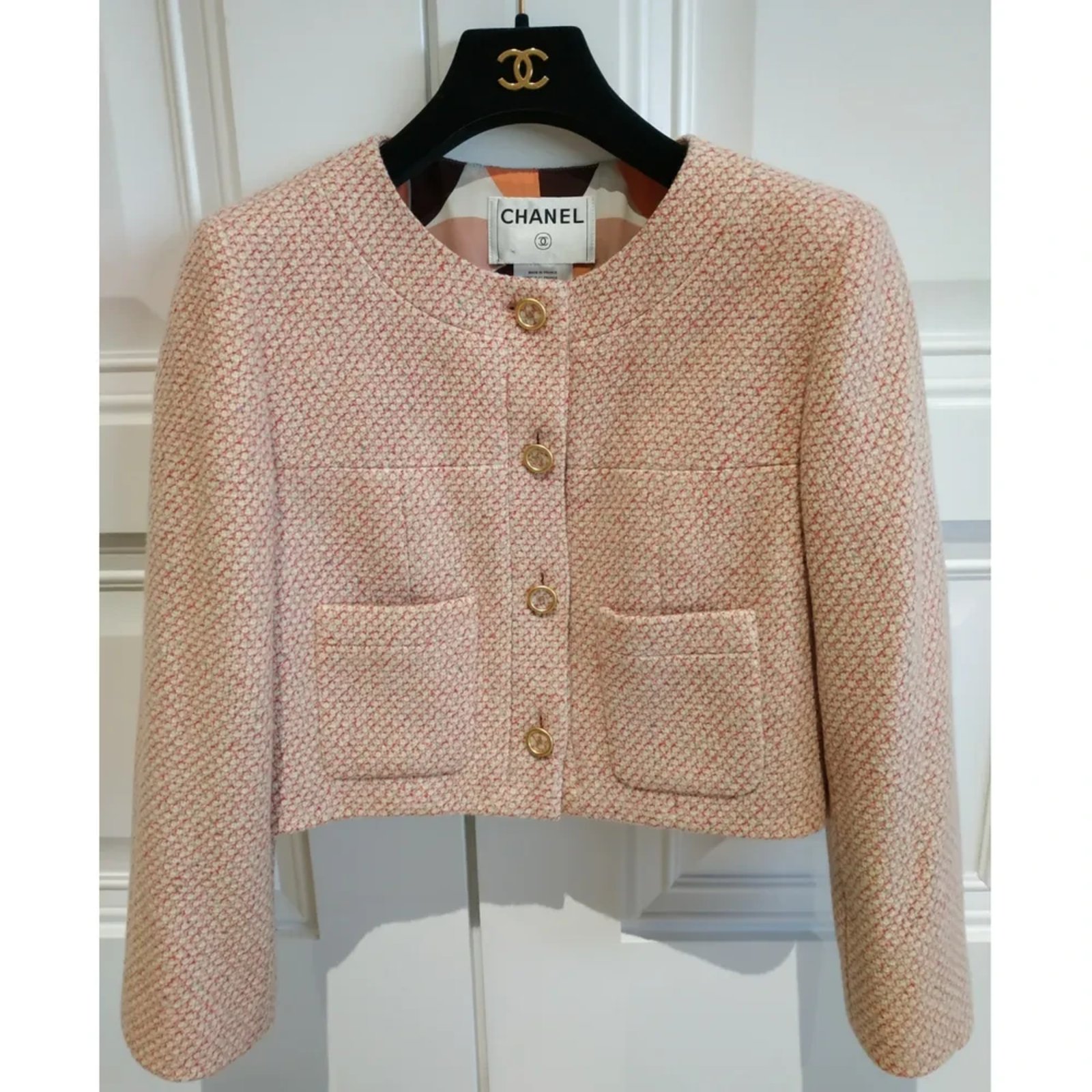 Chanel Pink multi colour cropped tweed cc button jacket, NEW!