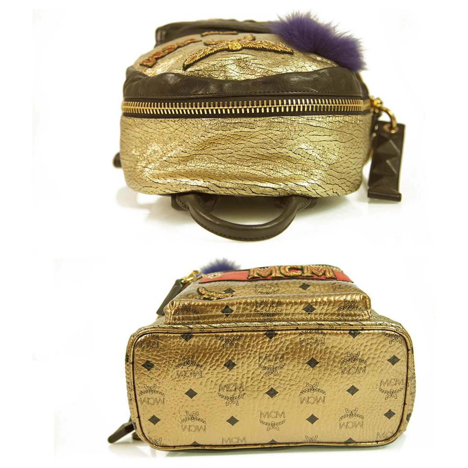 MCM 'Stark Insignia' Metallic Gold Leather Backpack with Genuine Fox Fur  Trim Black Golden ref.295514 - Joli Closet