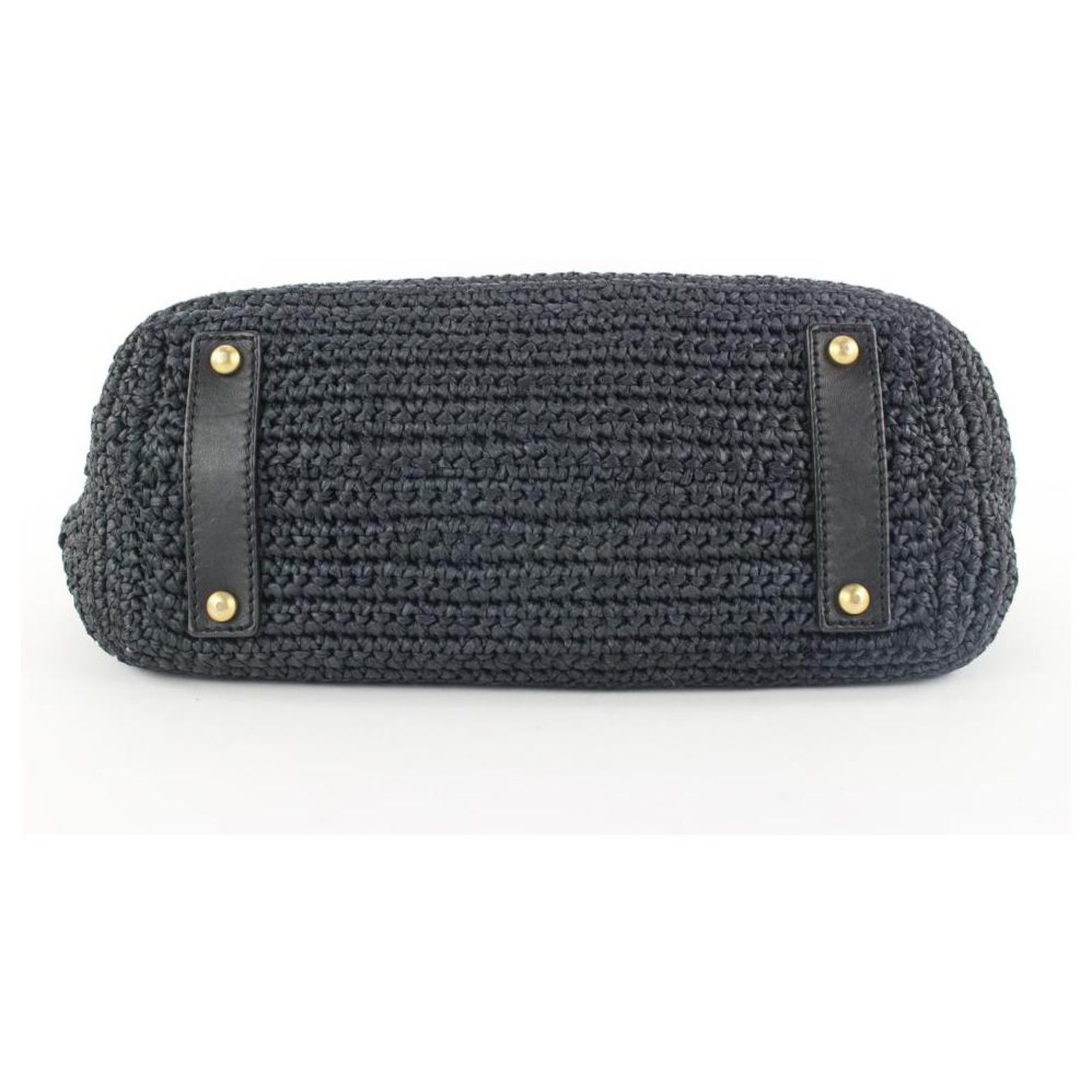 Chanel Navy Blue Raffia Straw CC Turnlock Chain Tote Bag Leather