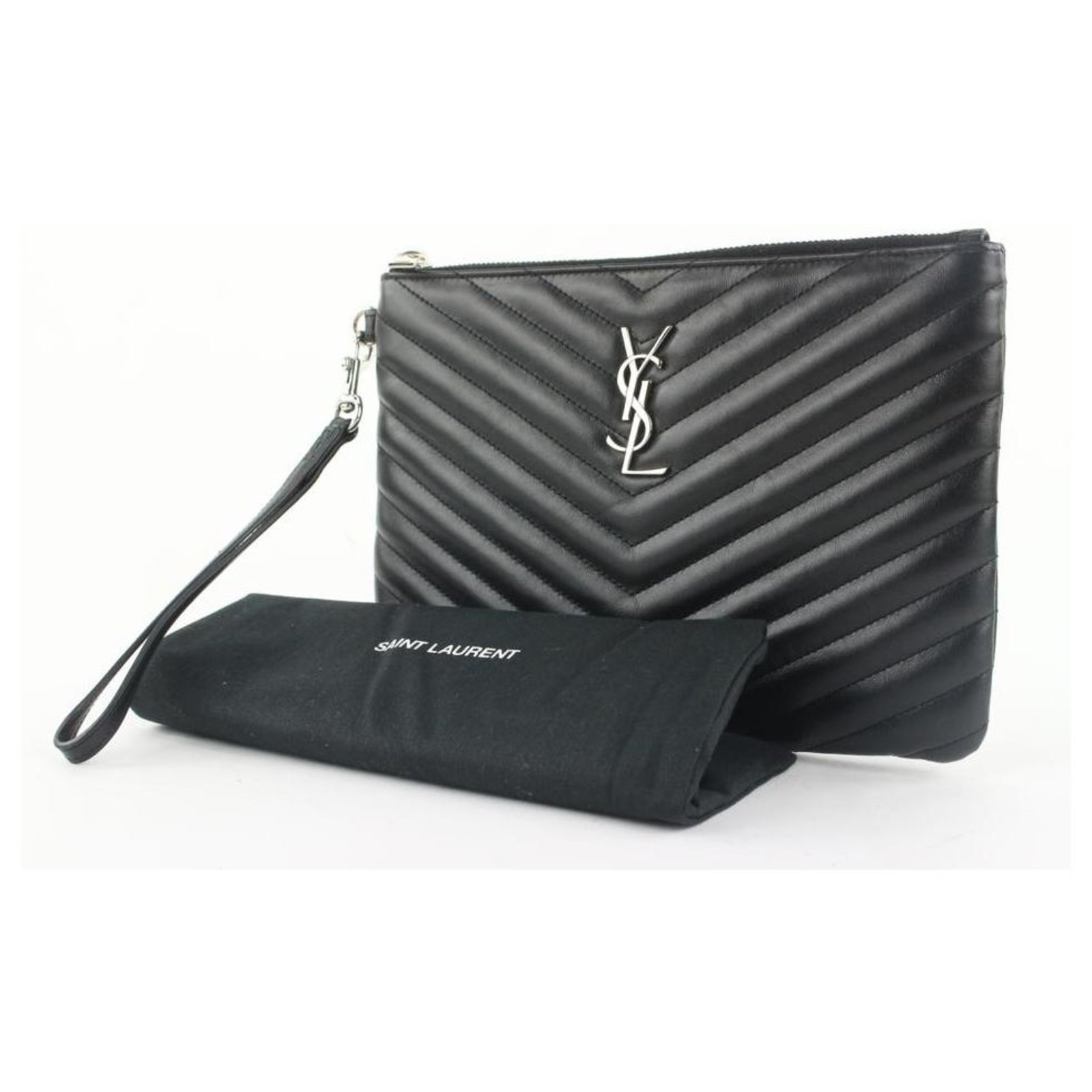 Saint Laurent YSL Black Calfskin Matelasse Chevron Monogram A5 Wristlet Bag  For Sale at 1stDibs