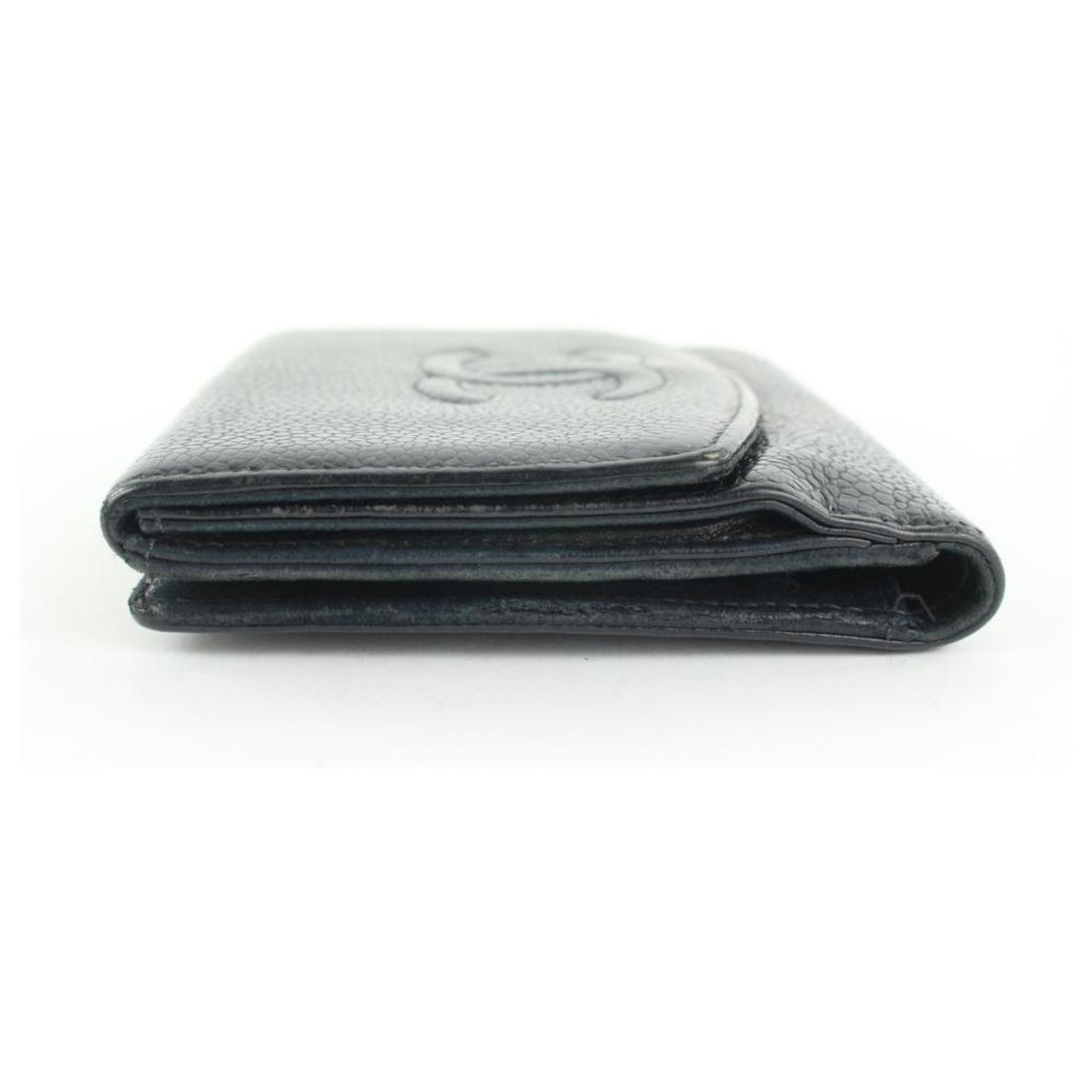 Chanel Black Caviar CC Logo Compact Wallet Coin Purse Leather ref