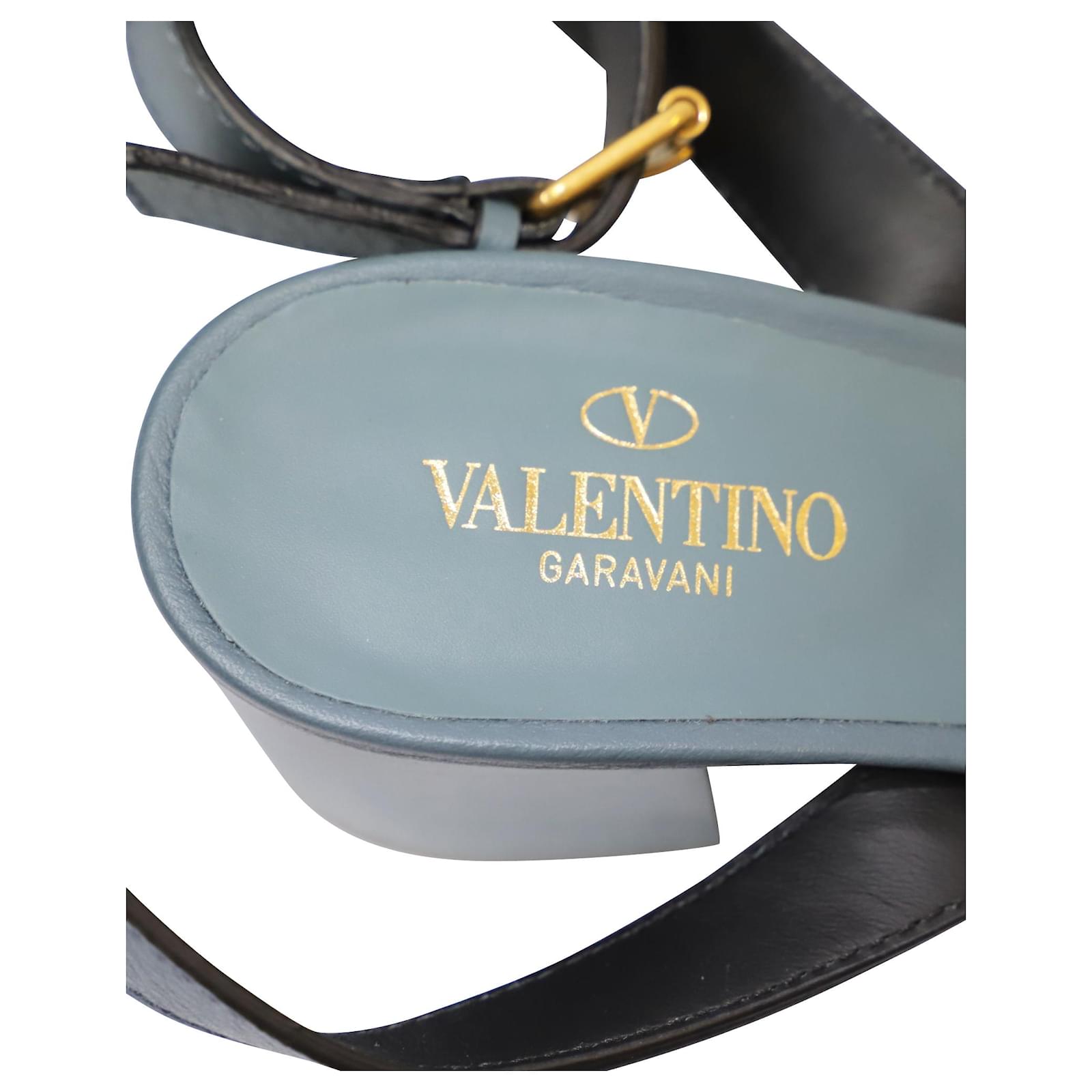 Valentino V Logo Block Heel Sandals Blue Leather ref.300677 - Joli