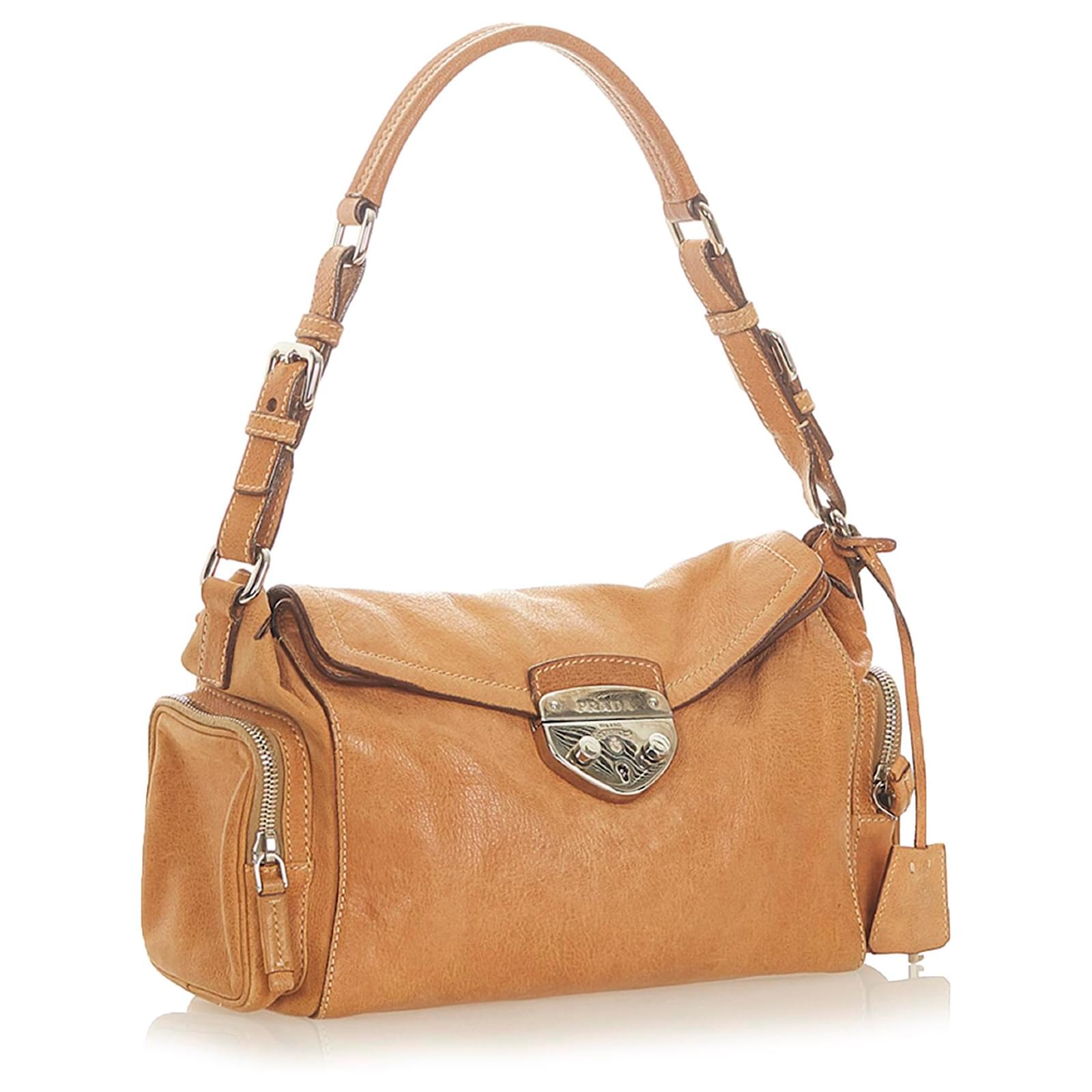 Prada Brown Sound Lock Leather Shoulder Bag Light brown Pony