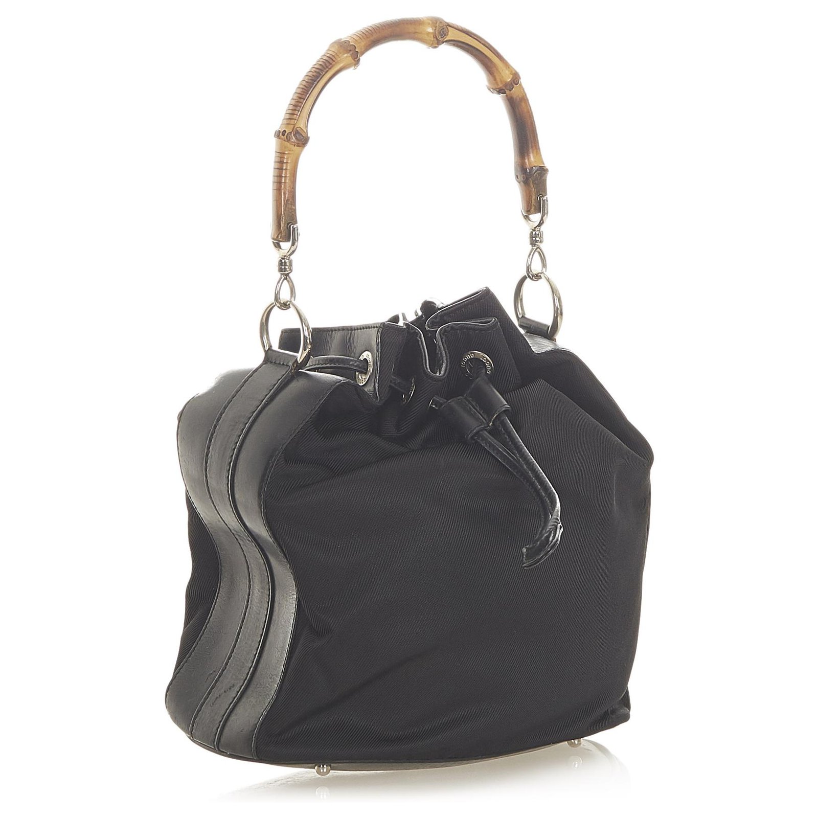 Gucci Black Bamboo Nylon Bucket Bag Leather Pony-style calfskin Cloth ...