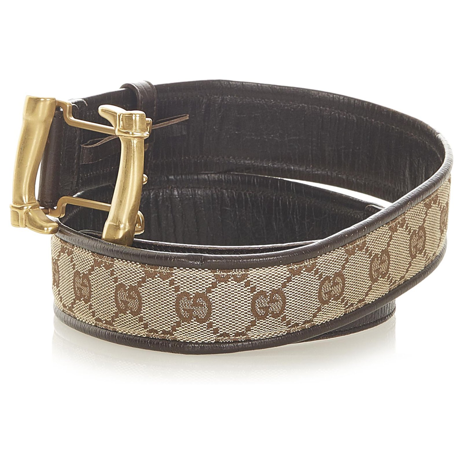 Gucci Brown GG Canvas Belt Beige Golden Leather Cloth Pony-style