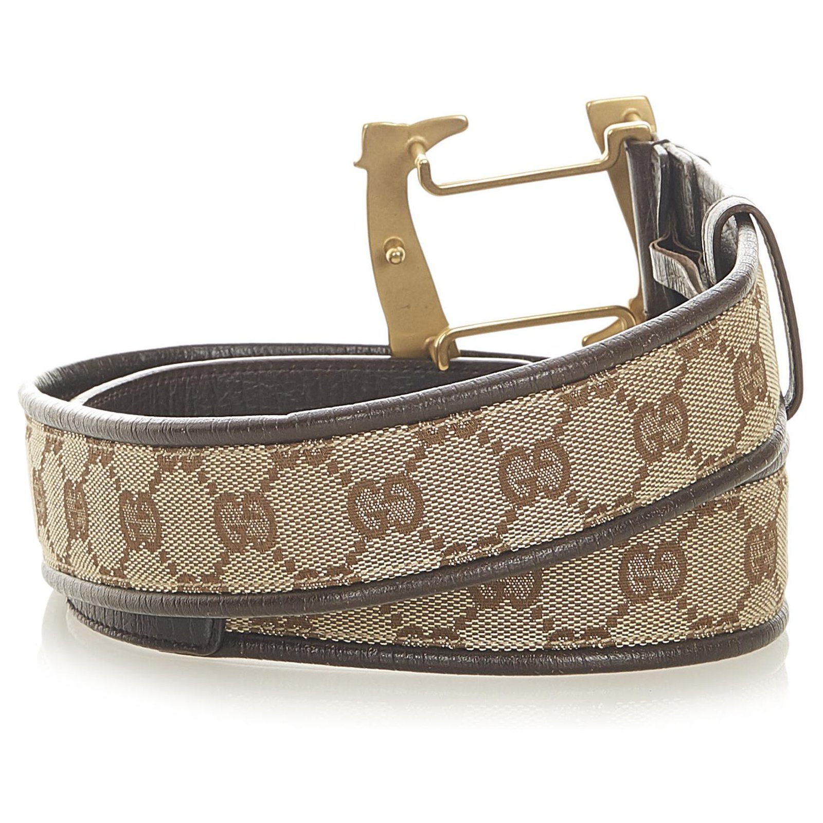 Gucci Brown GG Canvas Belt Beige Golden Leather Cloth Pony-style