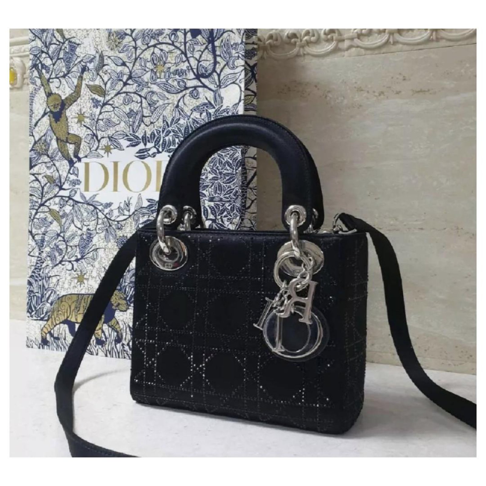 Christian Dior Mini Lady Dior Bag Black Strass Cannage Satin