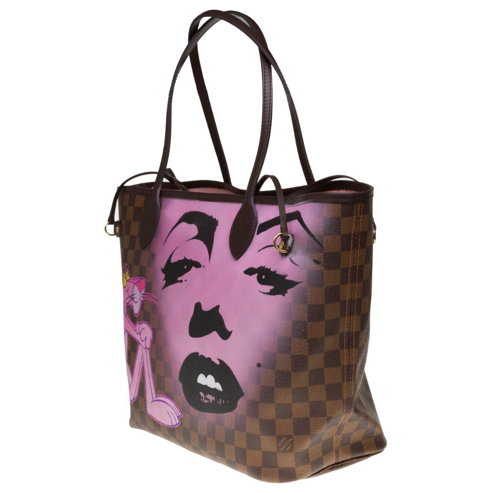 Splendid Louis Vuitton Neverfull MM tote bag with ebony checkerboard, pink  interior ballerina customized Pink Panther in love with Marilyn Brown  Leather Cloth ref.304260 - Joli Closet