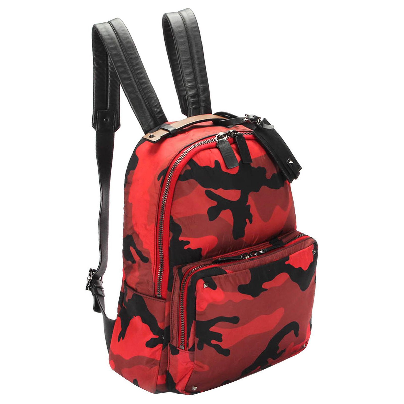Valentino Red Camouflage Nylon Backpack Black Leather Pony-style