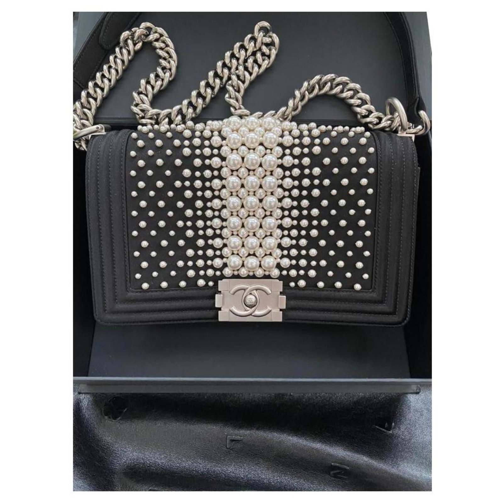 Chanel Medium Boy Bag with Pearls - Limited Edition Black Satin ref ...
