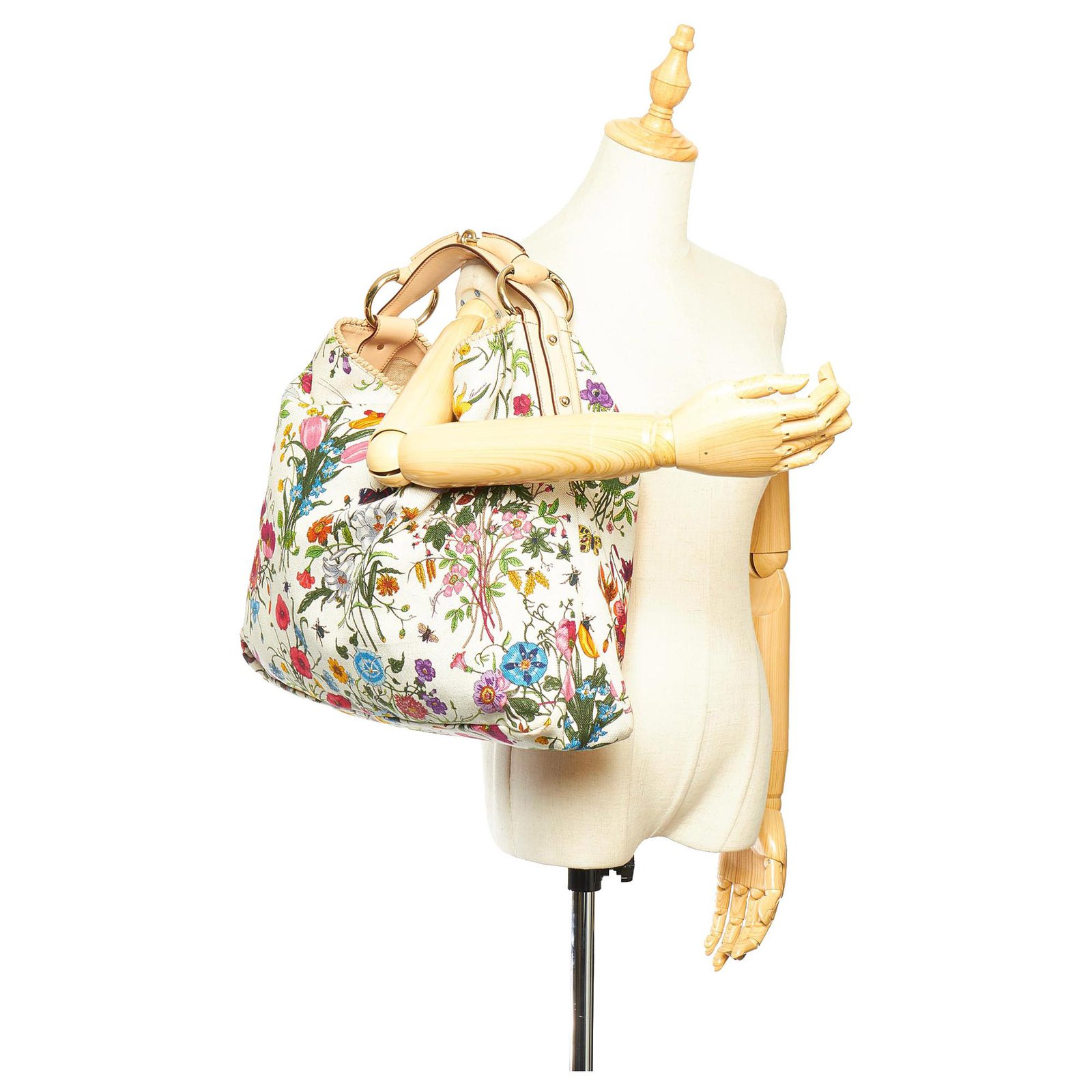 Gucci White Flora Horsebit Hobo Canvas Handbag Cloth Cloth ref