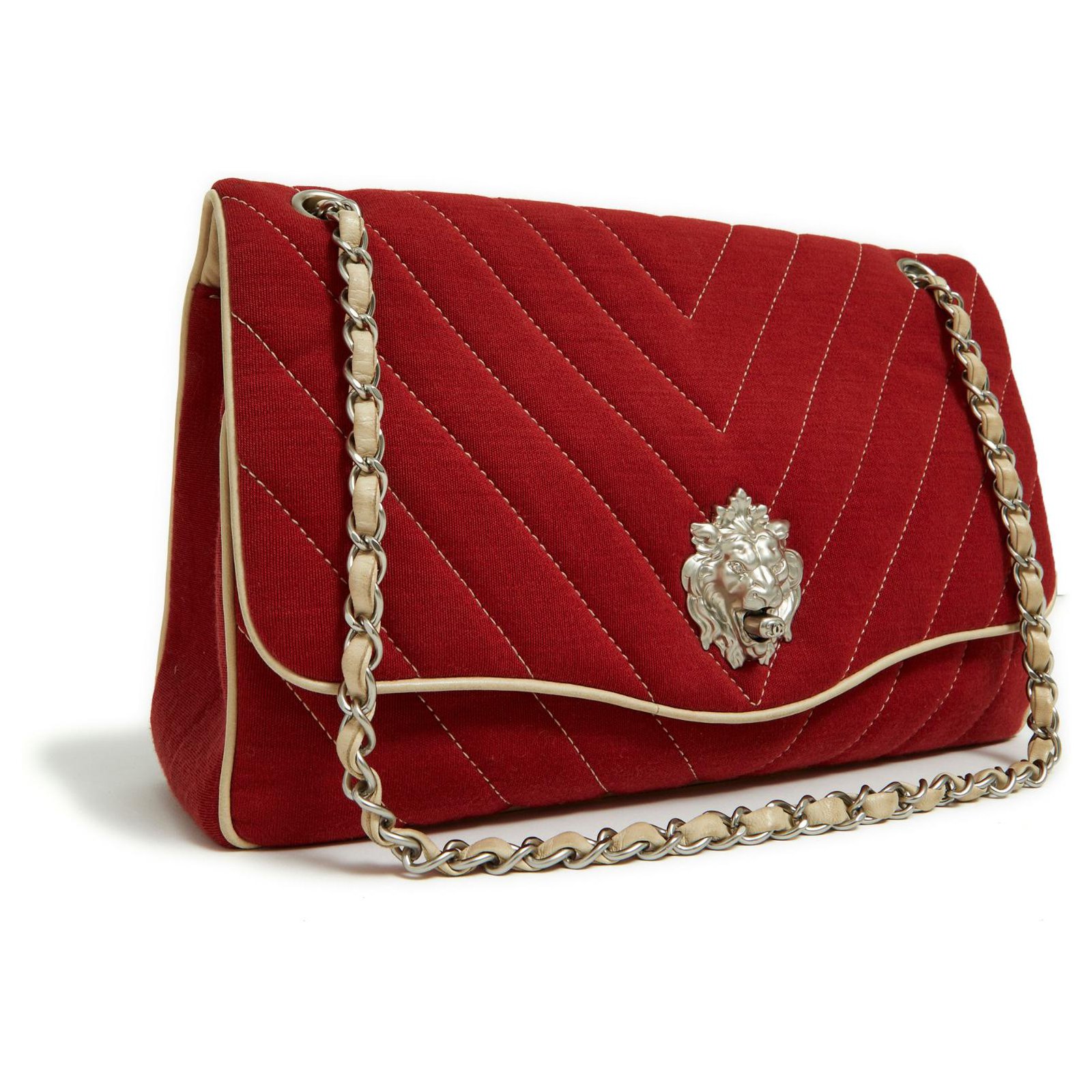 Chanel RED LEO CHEVRON QUILTED SINGLE FLAP Cream Silver hardware