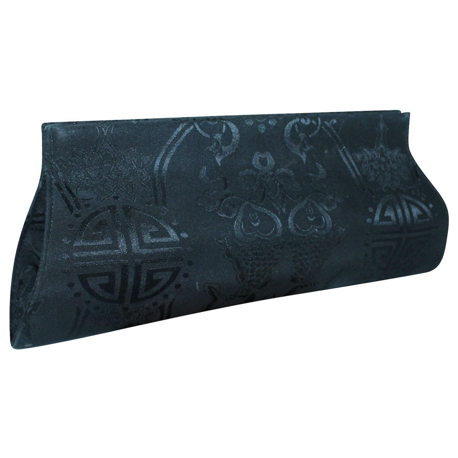 Shanghai Tang Black Fabric Embossed Clutch Silk Joli
