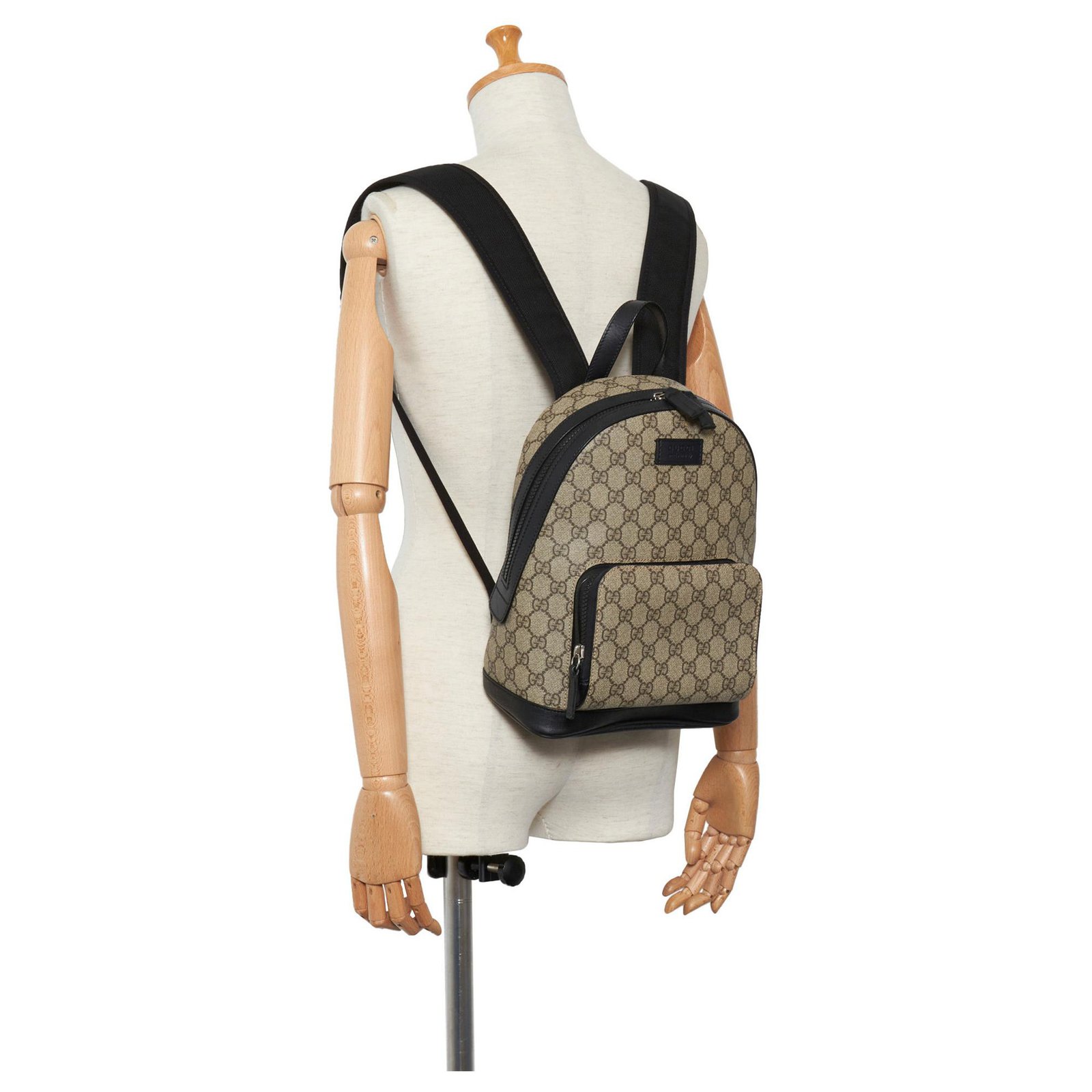 GUCCI GG Supreme Small Backpack Leather Beige Black 429020 -USED