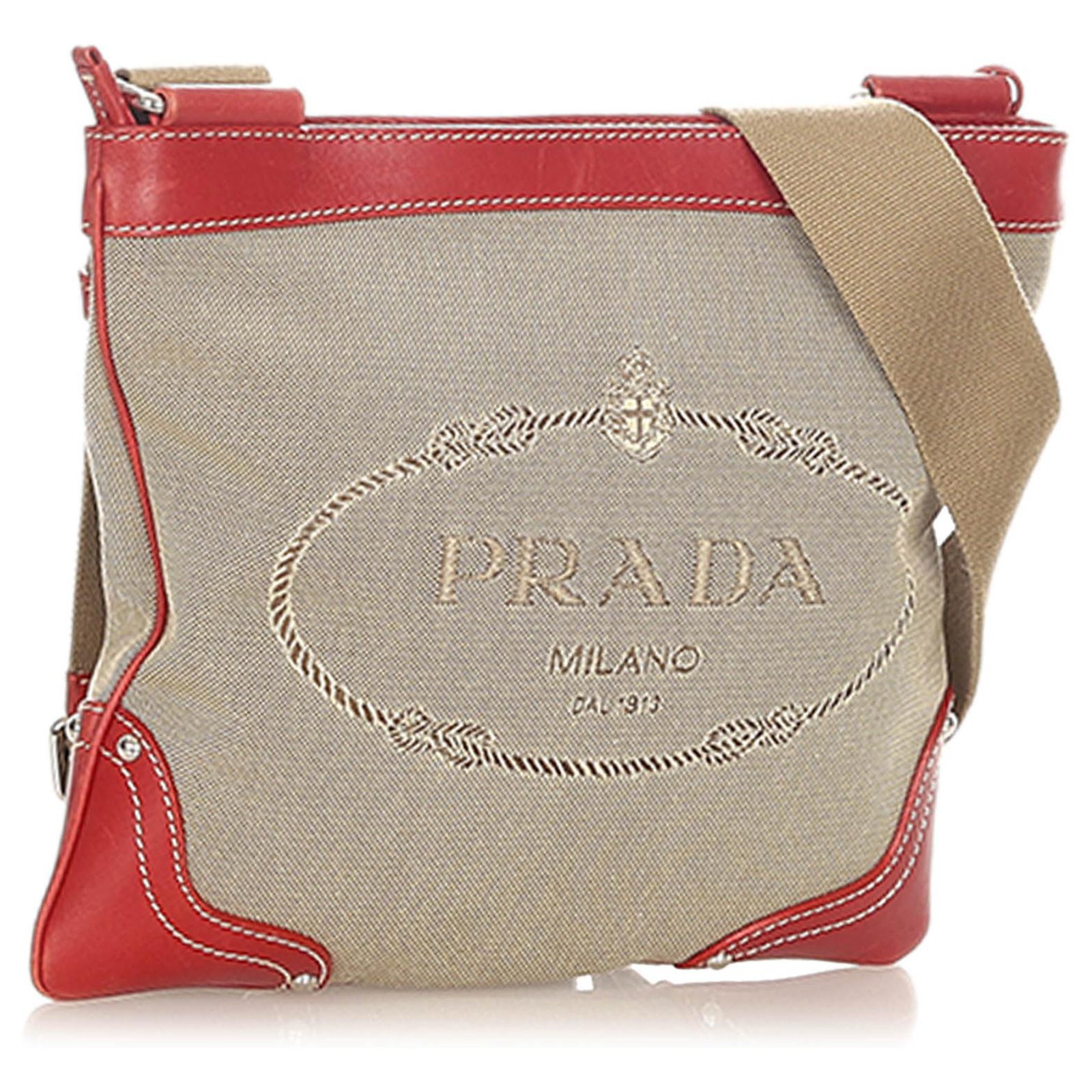 Prada Brown Canapa Logo Canvas Crossbody Bag Red Beige Leather Cloth  Pony-style calfskin Cloth  - Joli Closet