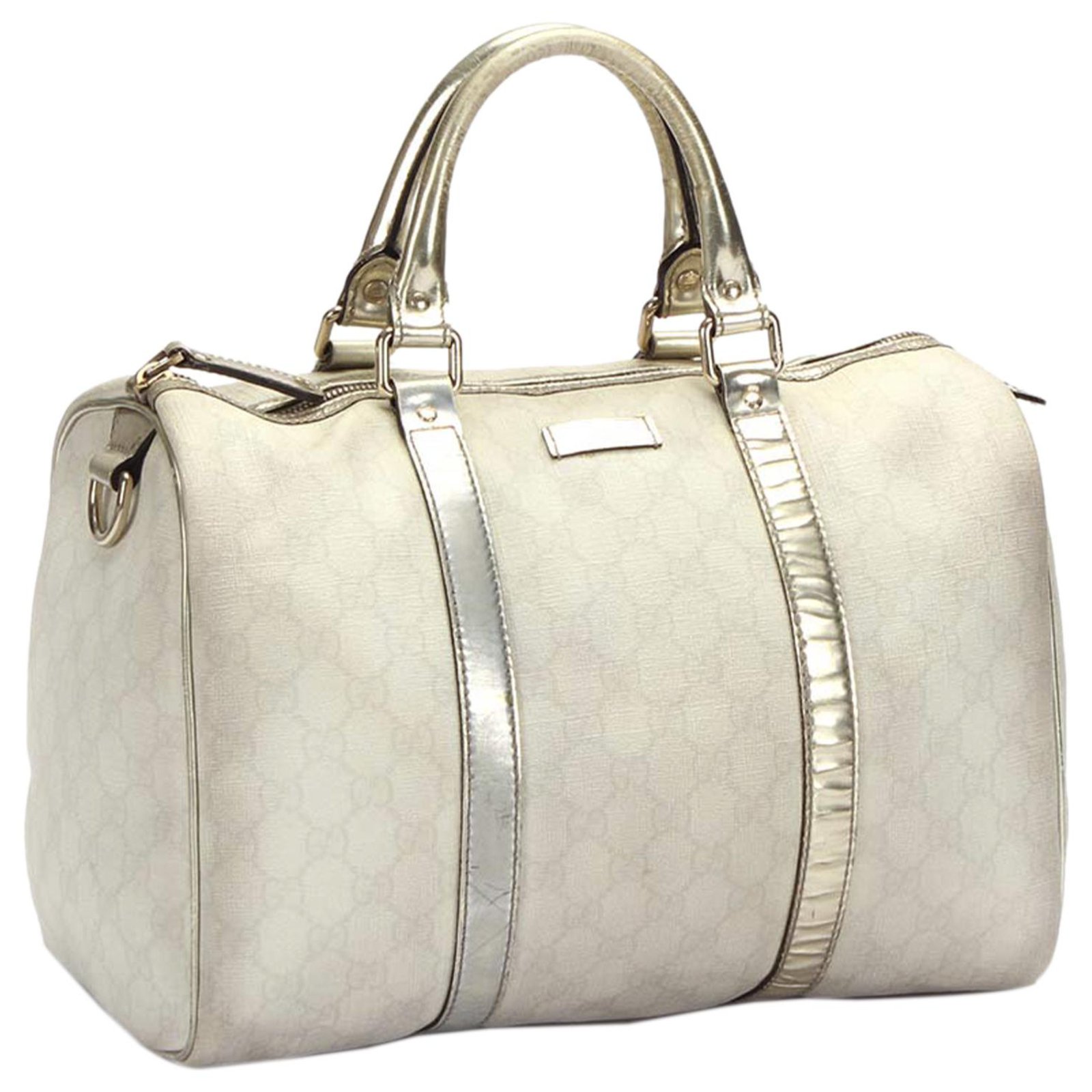 Gucci White GG Supreme Joy Boston Bag Silvery Leather Cloth Pony