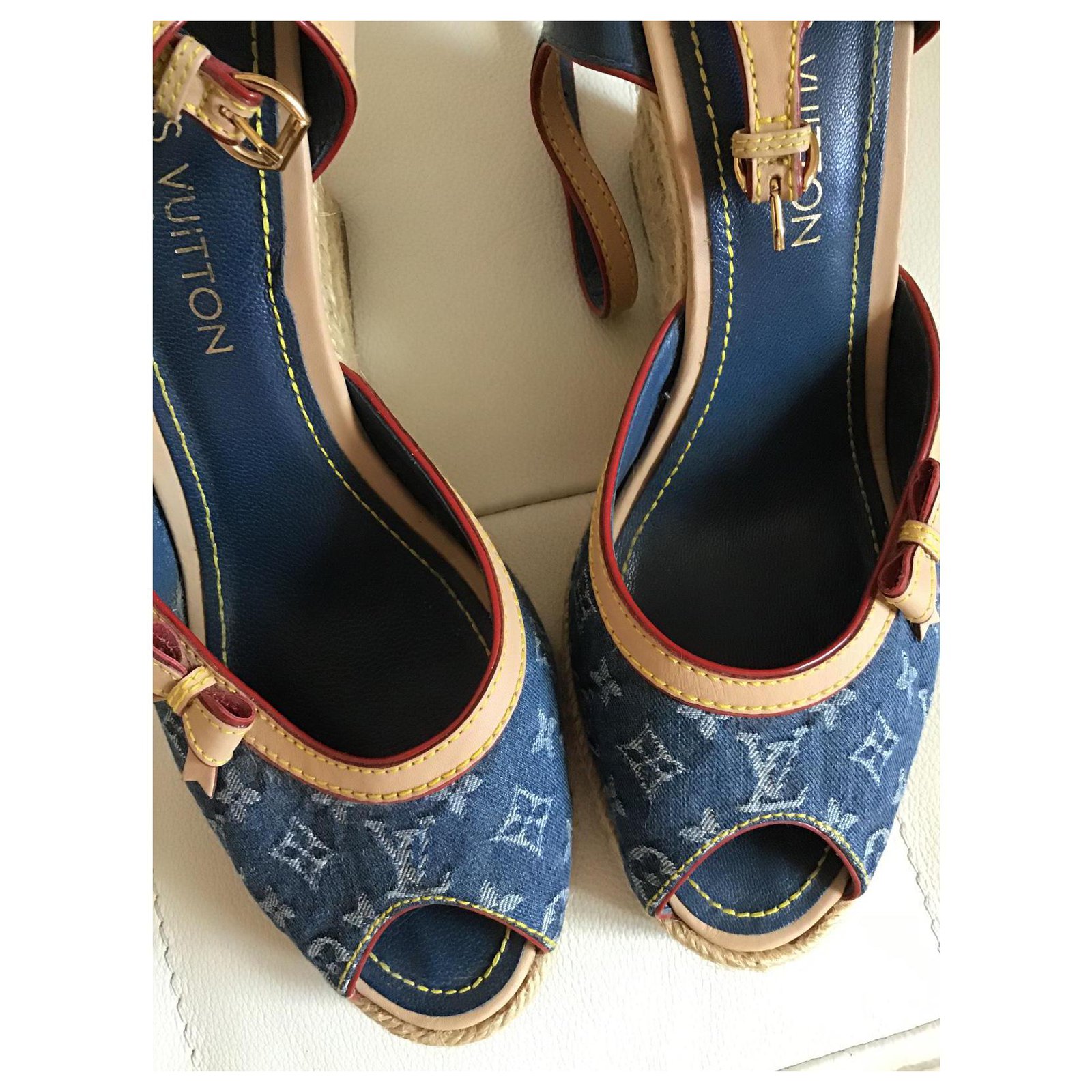Louis Vuitton Blue Monogram Denim and Leather Slingback Sandals