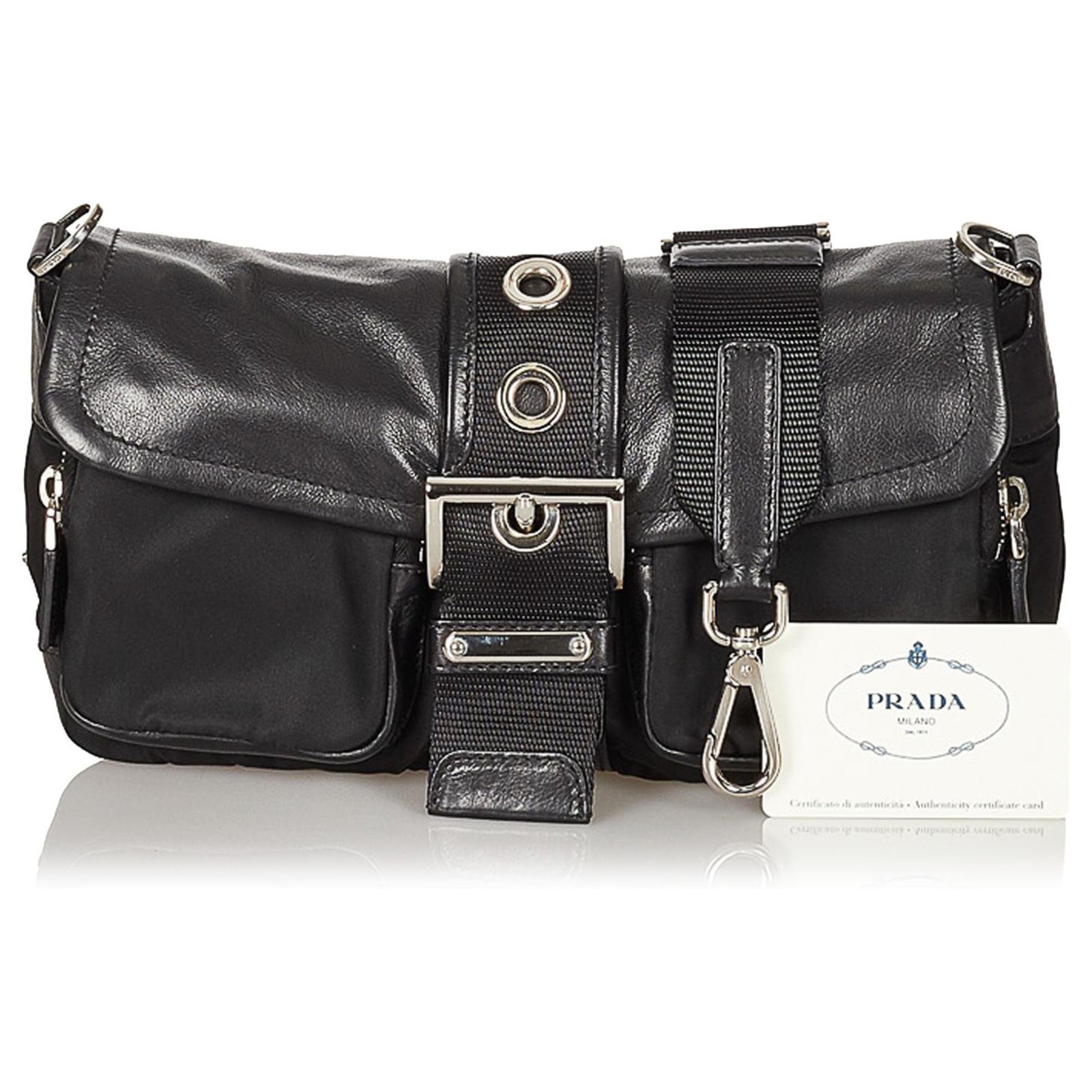 Prada Black Tessuto Crossbody Bag Leather Pony-style calfskin Nylon Cloth  ref.292366 - Joli Closet