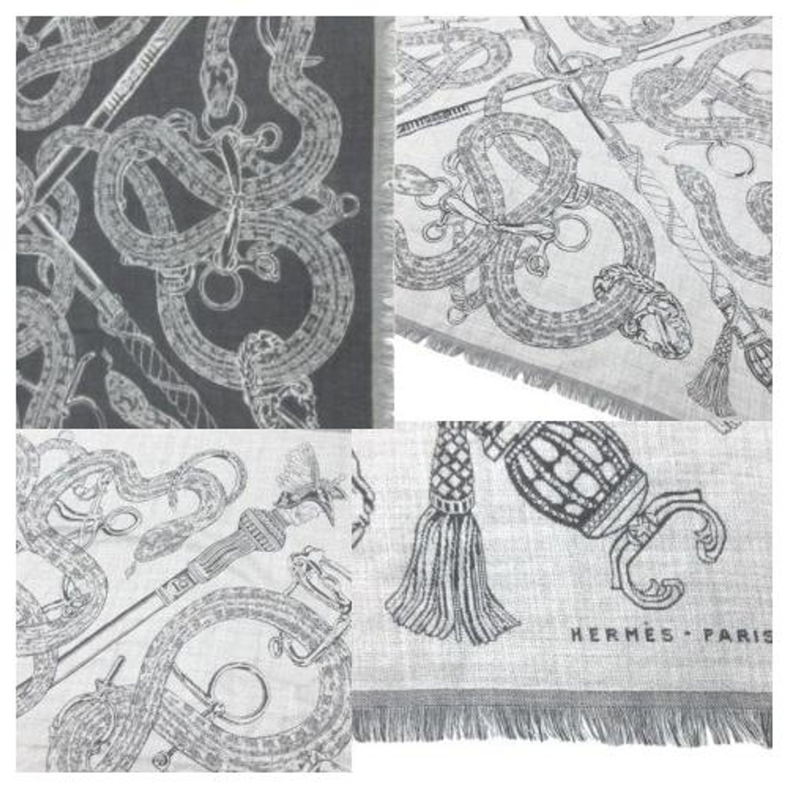 Carré Hermès 100 Cm Caducée Rock - Cachemire 70% Soie 30% - Noir/Gris - Neuf Avec étiquettes