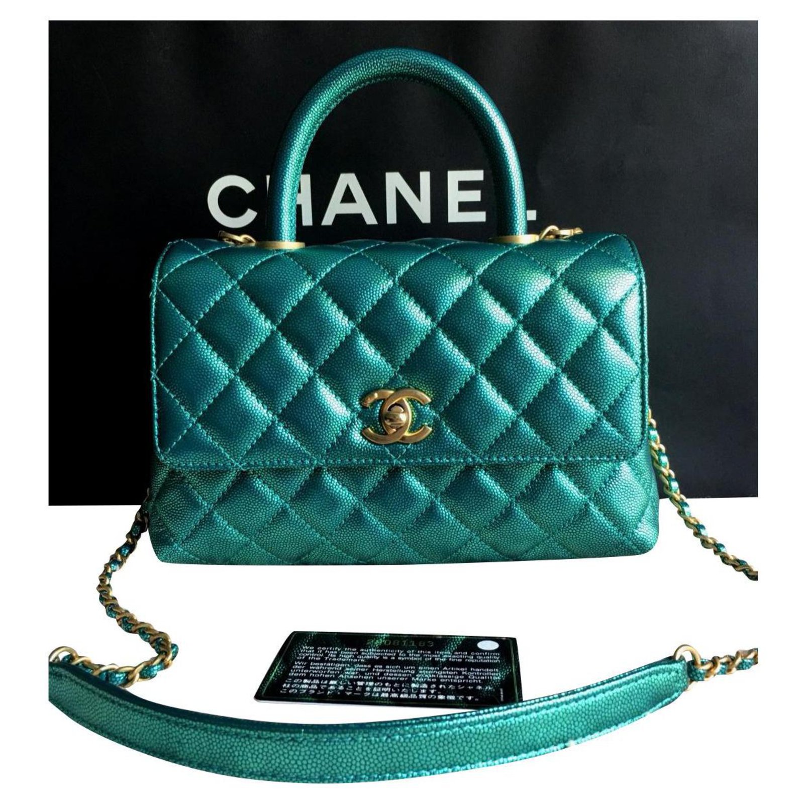 Chanel Small Coco Handle bag in Iridescent green caviar skin Leather  ref.301915 - Joli Closet
