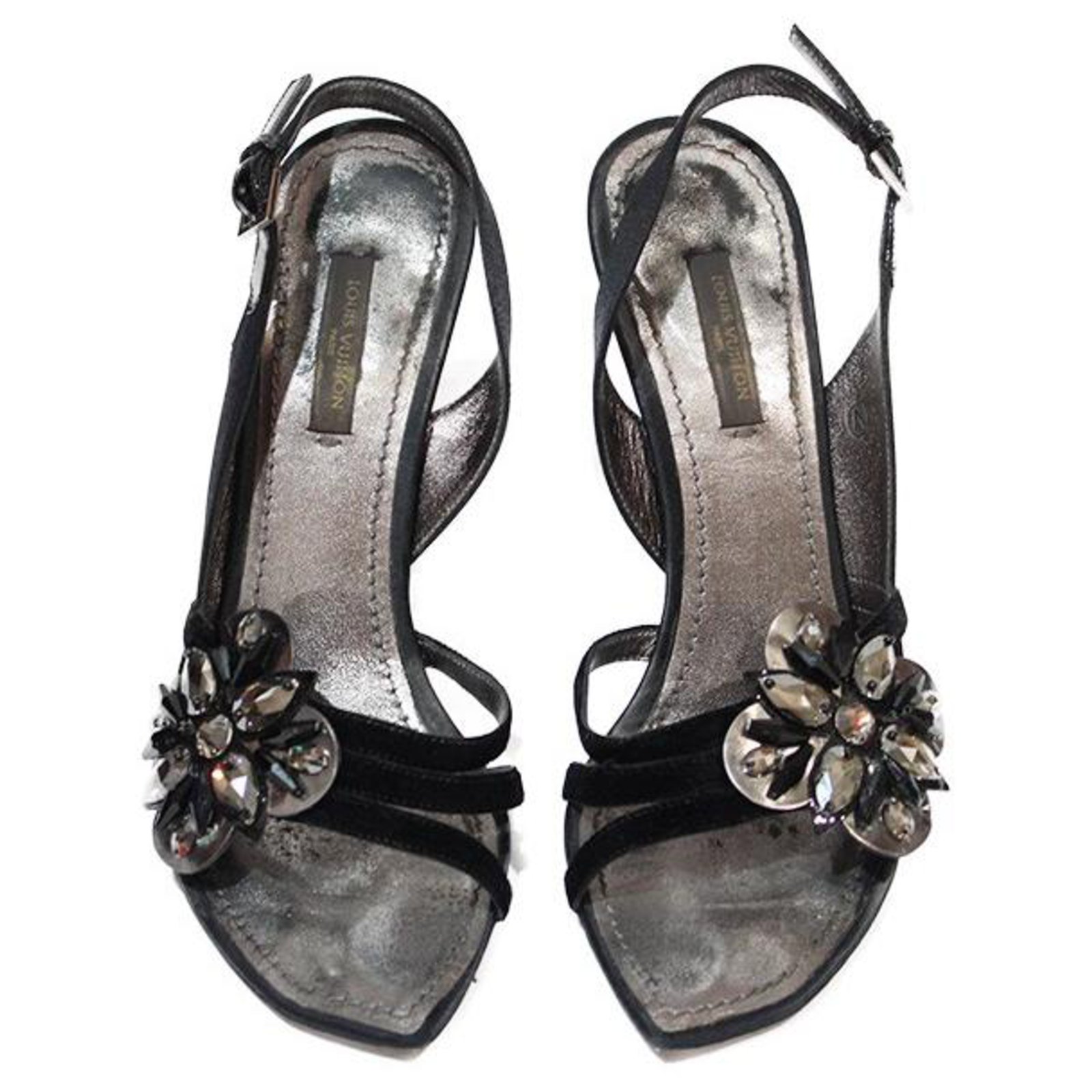 LOUIS VUITTON HIGH HEEL SANDALS IN BLACK FLOWER ORMÉ SATIN IN METALIZED  GRAY LEATHER AND BLACK STONE ref.321543 - Joli Closet