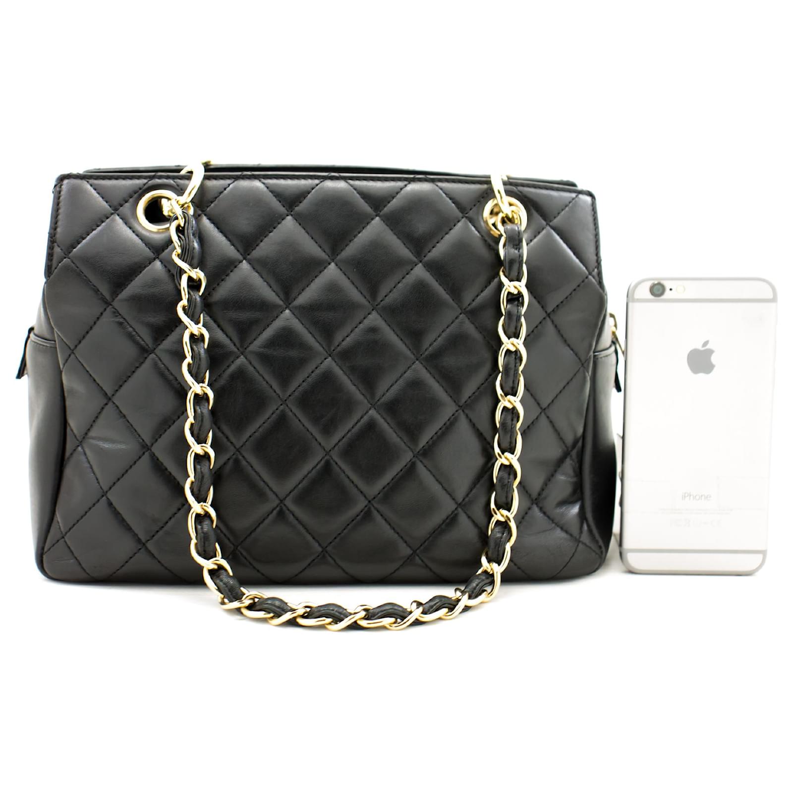 CHANEL Lambskin Chain Shoulder Bag Shopping Tote Black Quilted Leather