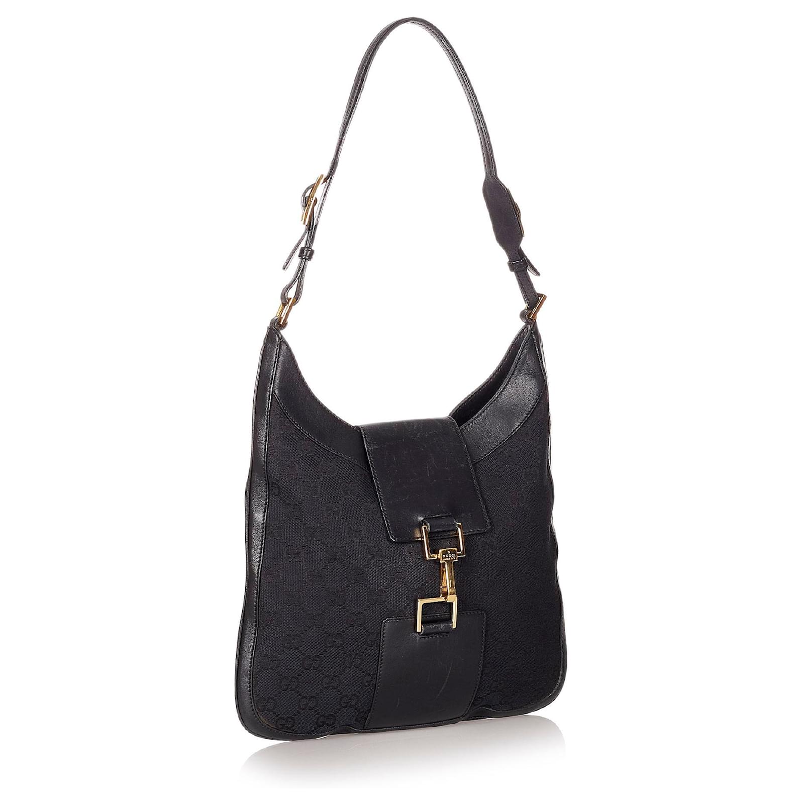 Gucci Black GG Canvas Shoulder Bag Leather Cloth Ponystyle calfskin