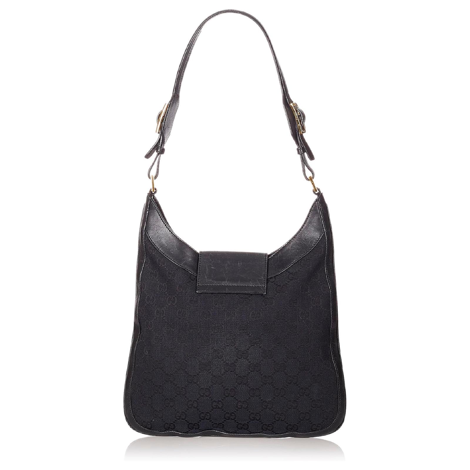 Gucci Black GG Canvas Shoulder Bag Leather Cloth Ponystyle calfskin