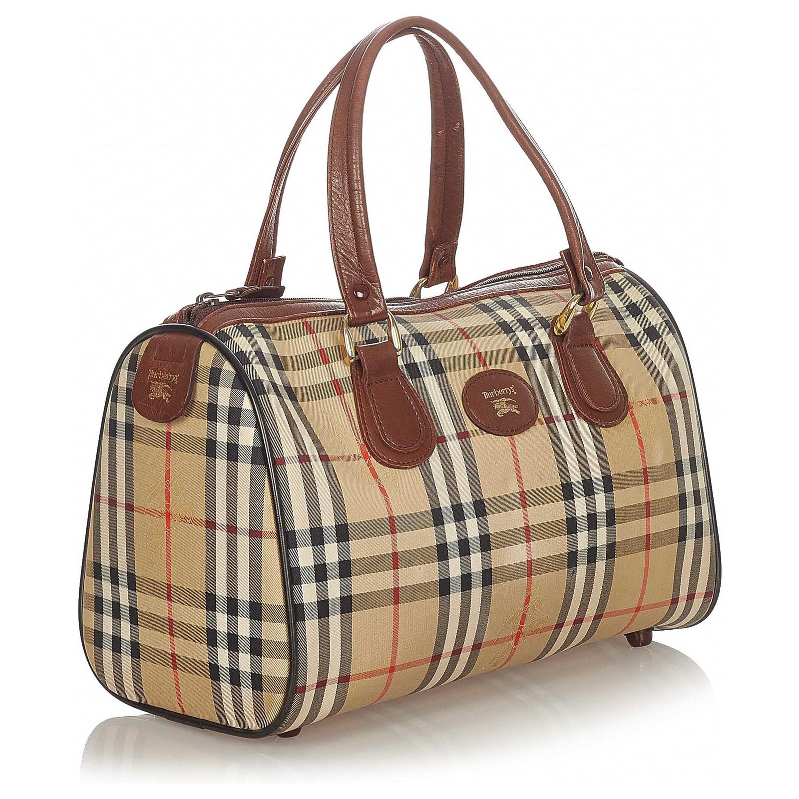 Burberry Brown Haymarket Check Canvas Boston Bag Multiple colors Beige  Leather Cloth Pony-style calfskin Cloth ref.238540 - Joli Closet