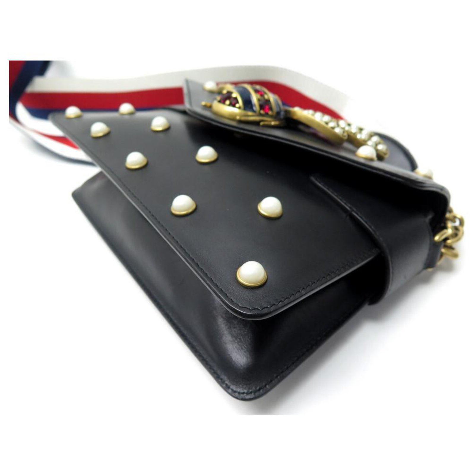 Gucci Broadway Pearl Studded Bee Black Leather Shoulder Bag 453778